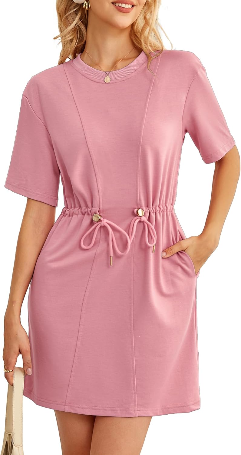 Kikibell Womens Summer Dresses Crewneck Sweatshirt Mini Dress with Pockets Drawstring Waist Short Sleeve Casual Outfits