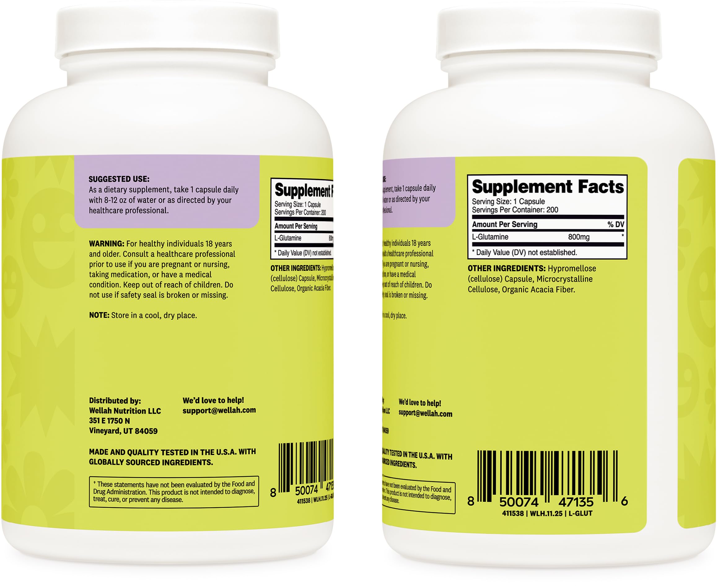 Wellah L-Glutamine for Women (800mg) 200 Capsules — Amazon image 3