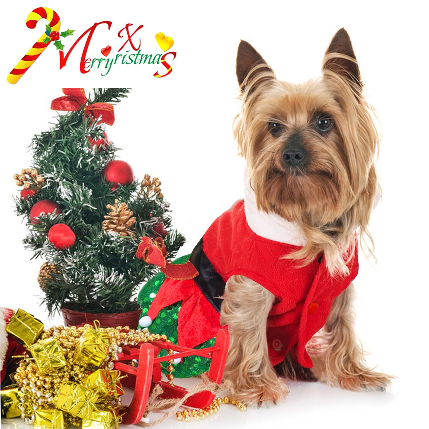 Idepet Christmas Dog Dress Cute Skirt Pet Christmas Costume Cat Sparkly Sequin Clothes Girl Puppy Xmas Holiday Party Cosplay Outfit Winter Apparel for Small Dogs Cats (Red, Medium)