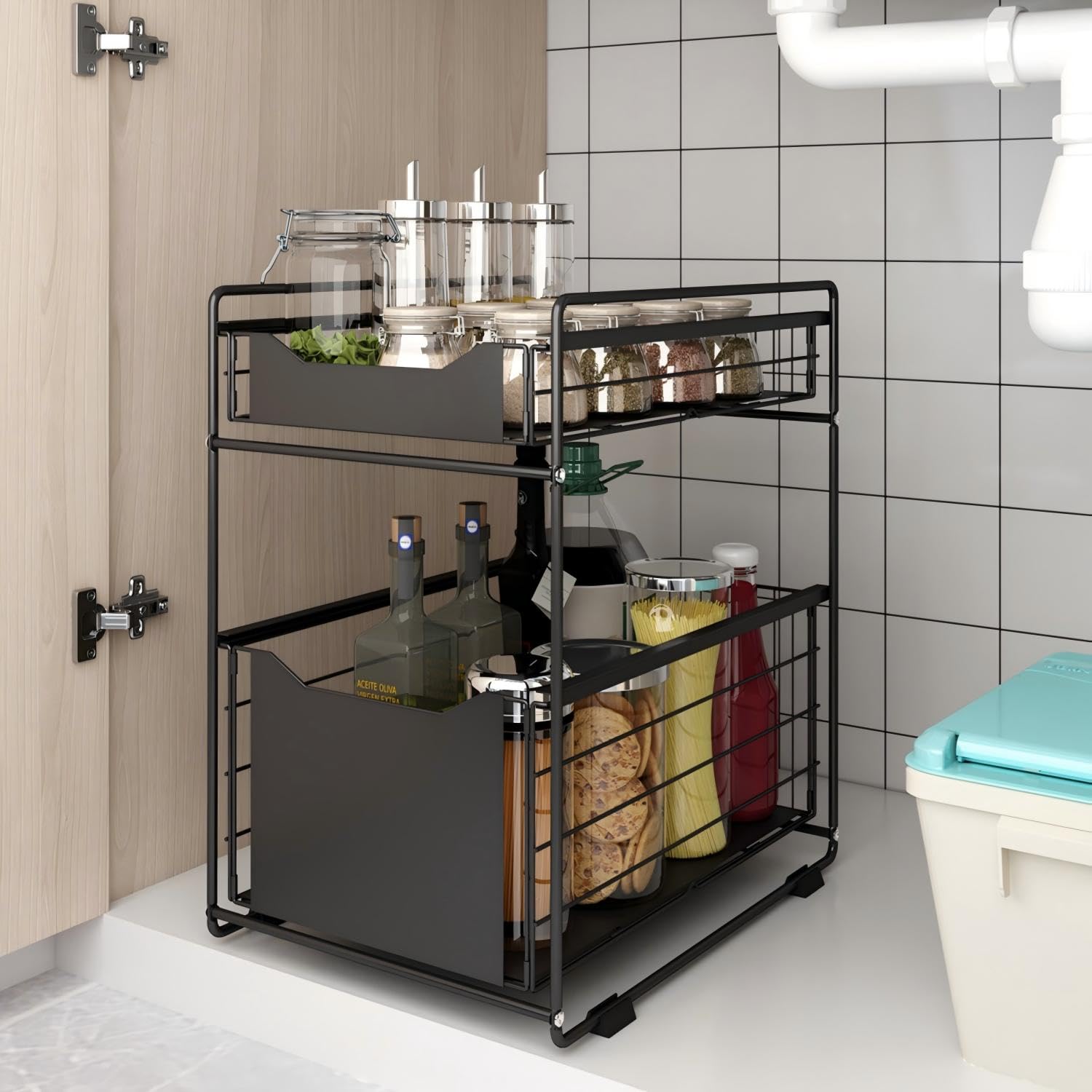 Dawnyield Black 2 Tier Pull Out Under Sink Storage Organiser,
