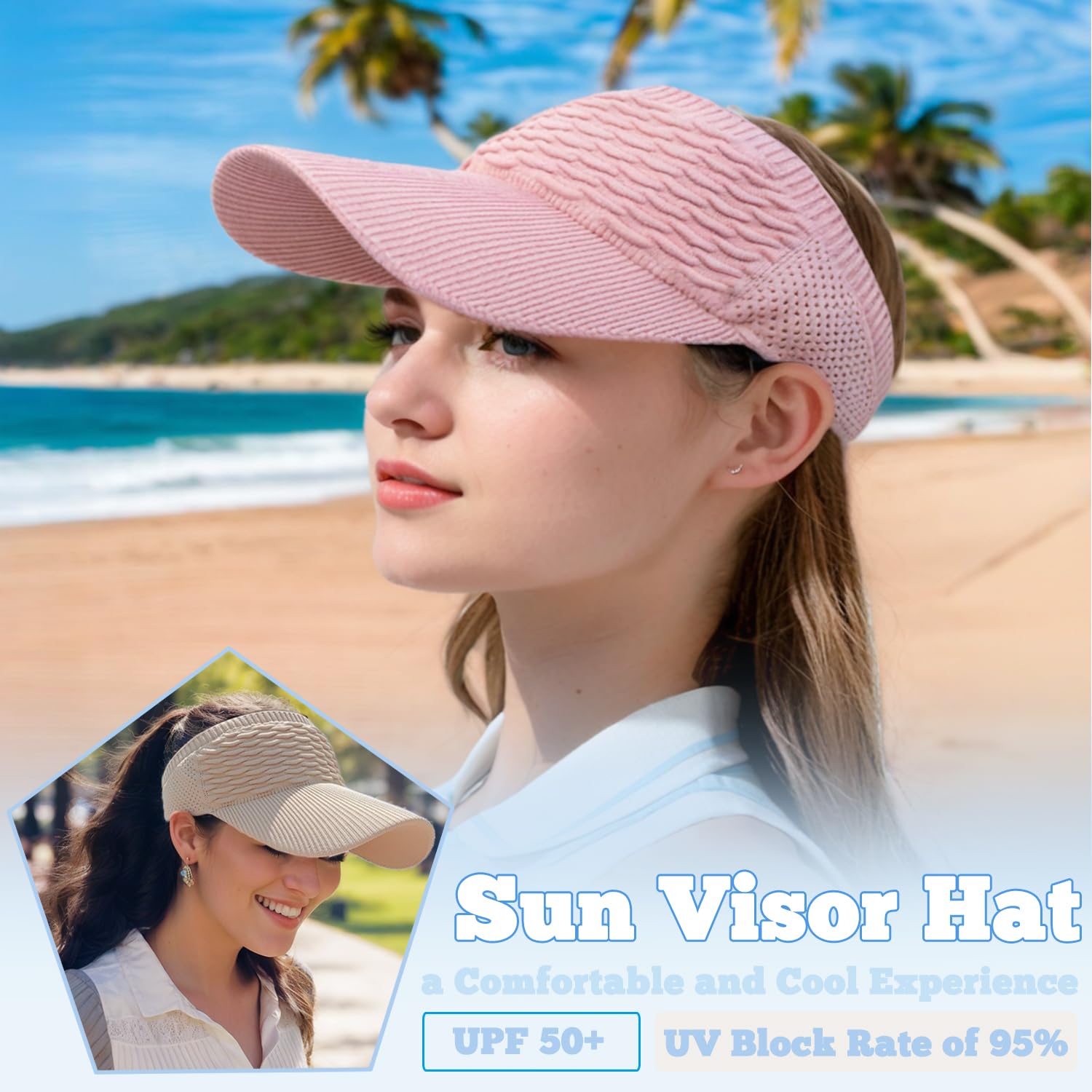 Sombreros de visera para el sol, sombreros de ala ancha con protección UV, viseras de punto para correr para mujer, aptas para cola de caballo, de secado rápido