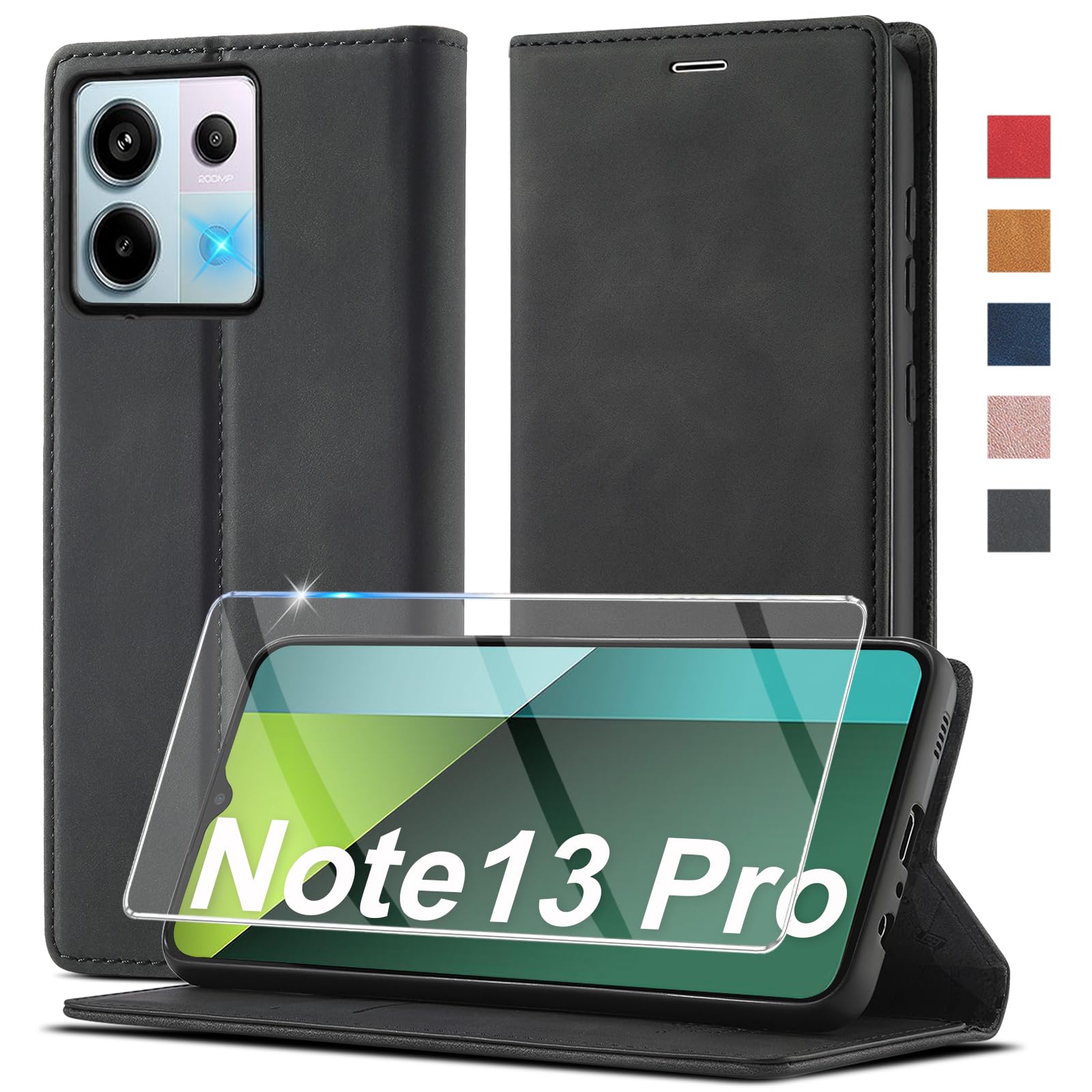 Ailicici für Xiaomi Redmi Note 13 Pro 5G Hülle Leder, Mit Schutzfolie, Handyhülle für Xiaomi Redmi Note 13 Pro 5G Klapphülle Klappbar, Leder Flip Kartenfach Wallet Case Cover Schutzhülle