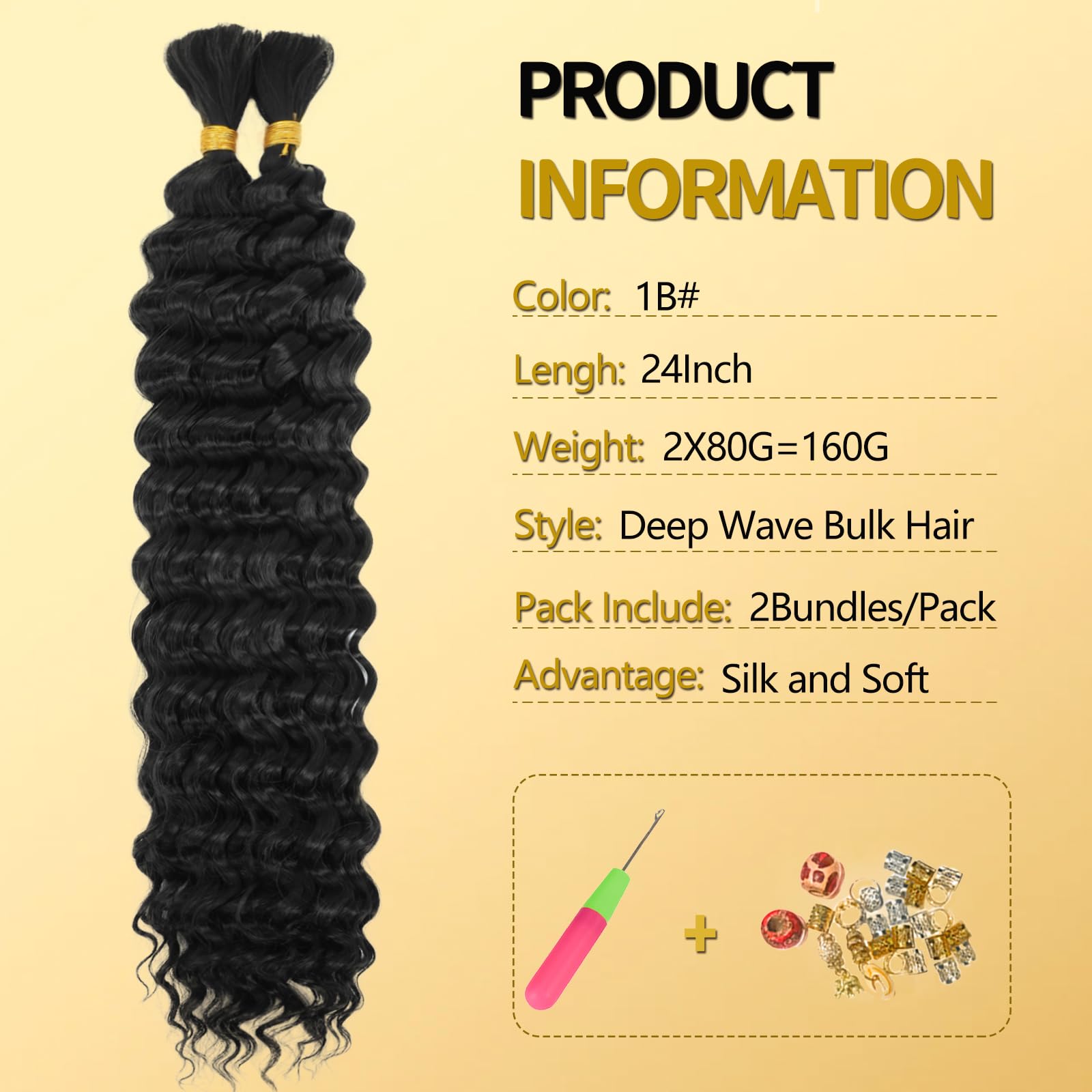 LPARMJIT Deep Wave Bulk hair for Braiding 18 inch 2 Bundles/Pack No Weft for Braiding Wavy Synthetic Braiding Hair Extensions for Boho Braids (1B - Image 2