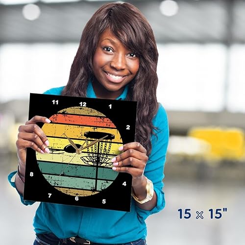 Miniatura 5 de 3dRose Wall Clock Silent - 15 inch - Black disc Golf Basket with disc Over Retro Striped Circle on Black. - Stamp City - Typography - disc Golf