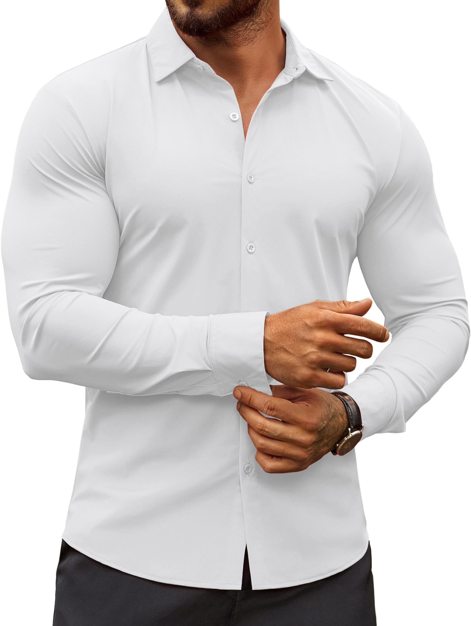 Men's Muscle Fit Dress Shirts Wrinkle-Free Long Sleeve Casual Button Down Shirts