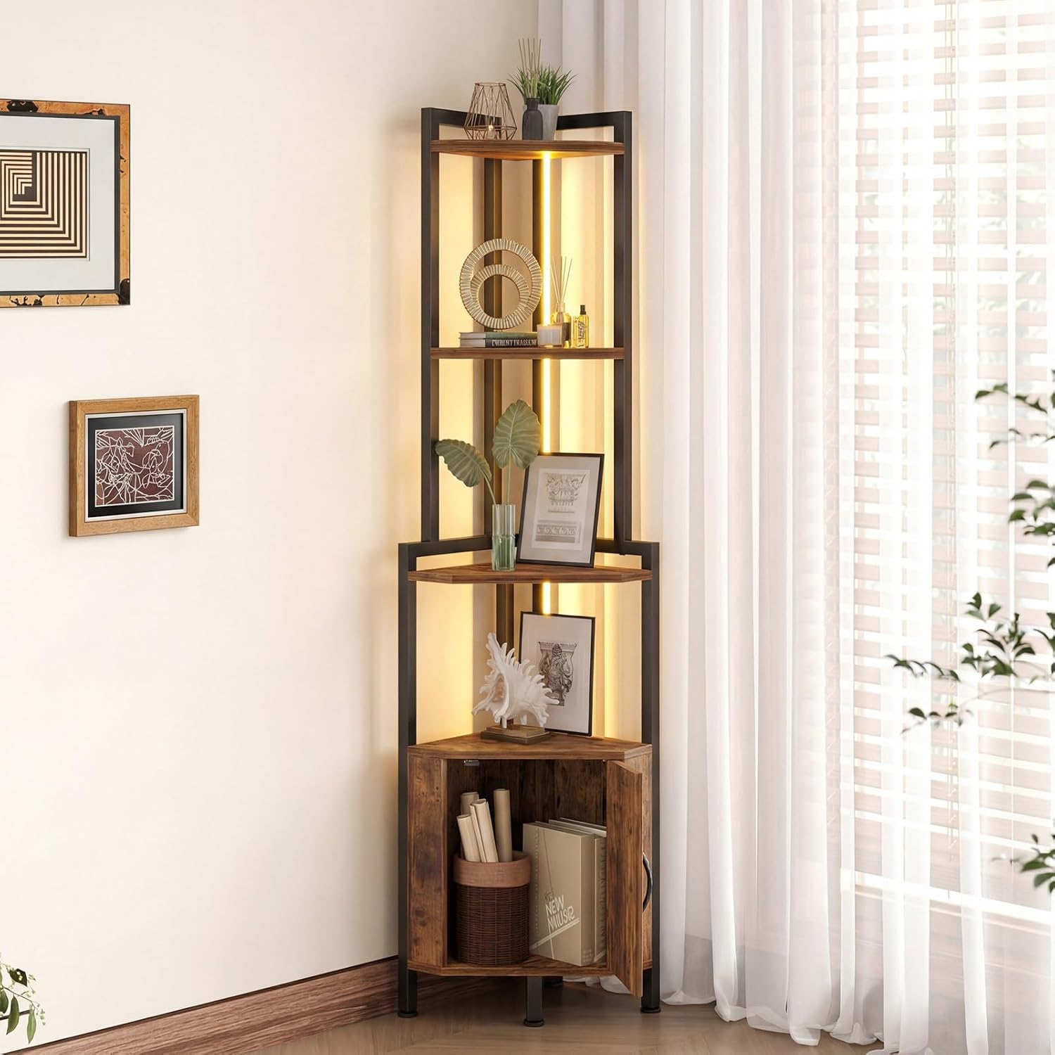Corner Shelf Storage Organizer with LED Light for Small Space | Built-in Ambient LED Lighting, Rustic Brown Finish, Freestanding Modern Farmhouse Design, Space-Saving Build