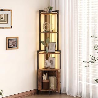 Corner Shelf Storage Stand with LED Light for Small Space | Built-in Ambient LED Lighting, Rustic Brown Finish, Freestanding Modern Farmhouse Design, Space-Saving Build