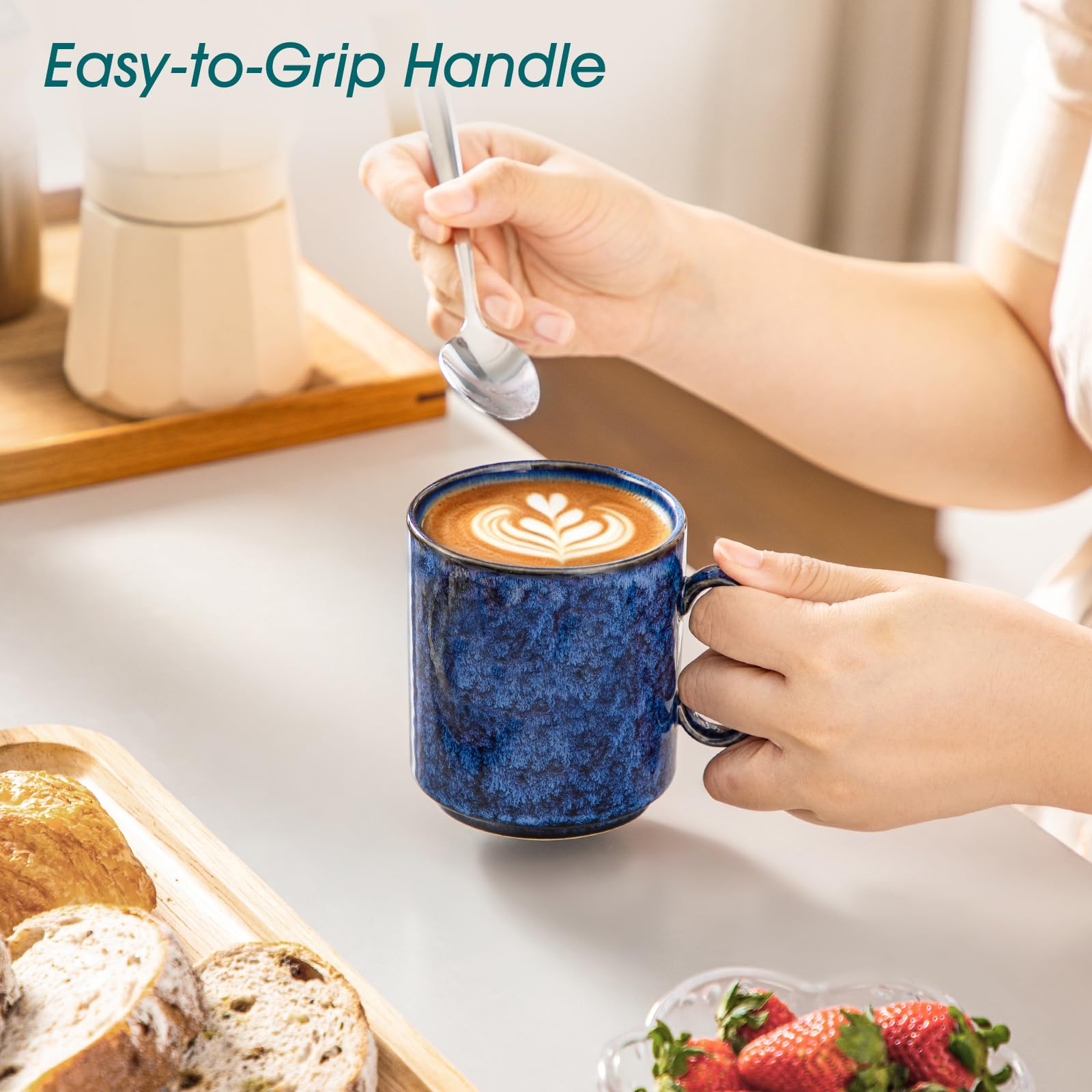 vancasso STARRY - Juego de 6 tazas de café de cerámica de 12 onzas para café con leche, capuchino, té y cacao caliente, estilo moderno artesanal para cafetería, hogar y cocina, aptas para microondas y