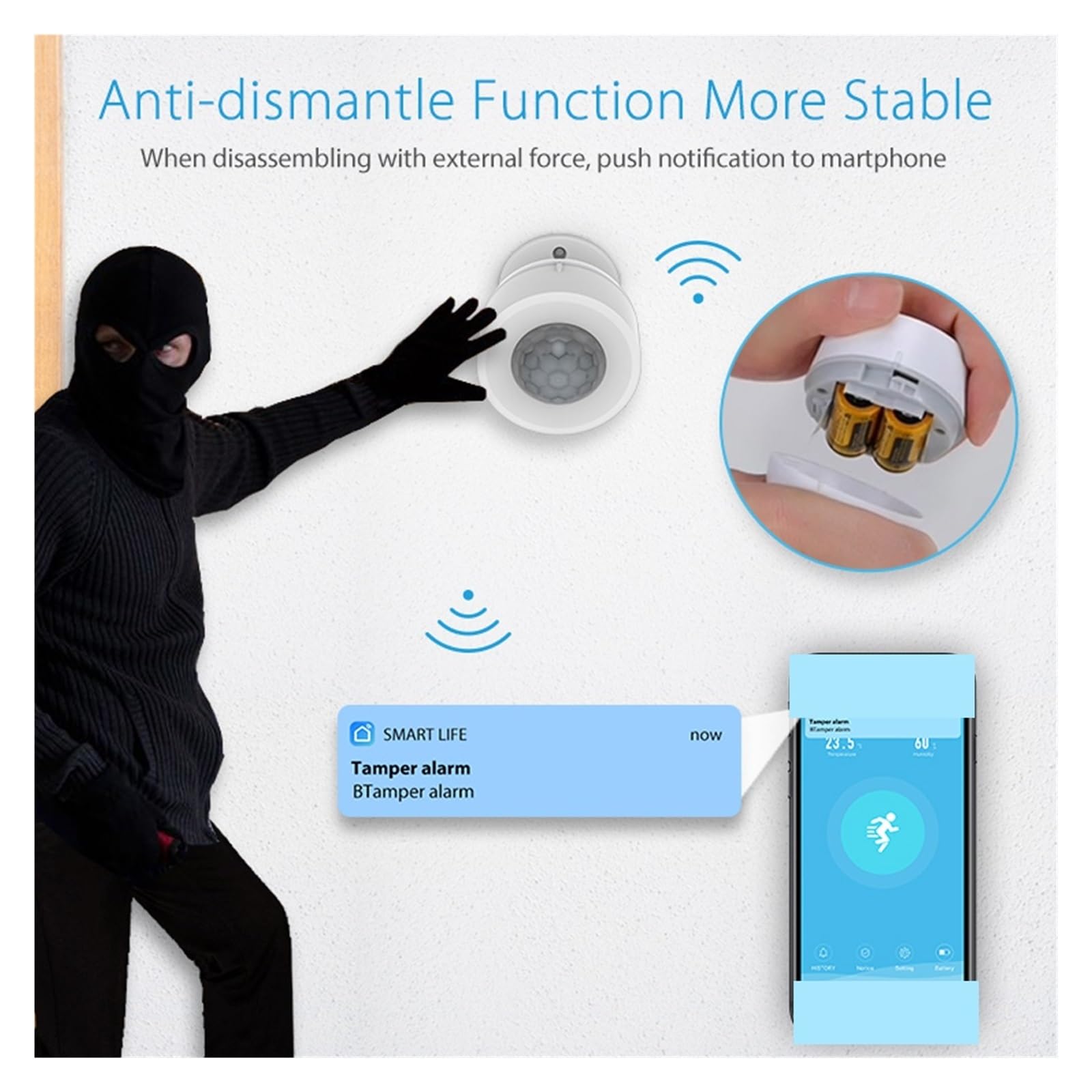 Sistema de Alarma de Seguridad para el hogar, Sensor De Movimiento Mini Detector Infrarrojo Cuerpo Humano Alarma con Detección Temperatura Y Humedad(2PCS)
