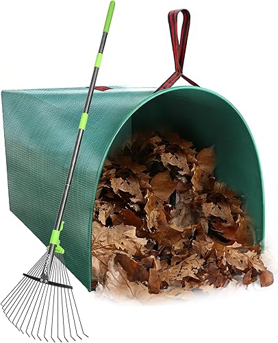 Joyhalo Rastrillo para hojas de 63.4 pulgadas con bolsas de hojas tipo recogedor de 40 galones, juego de rastrillo de hojas de metal ajustables de