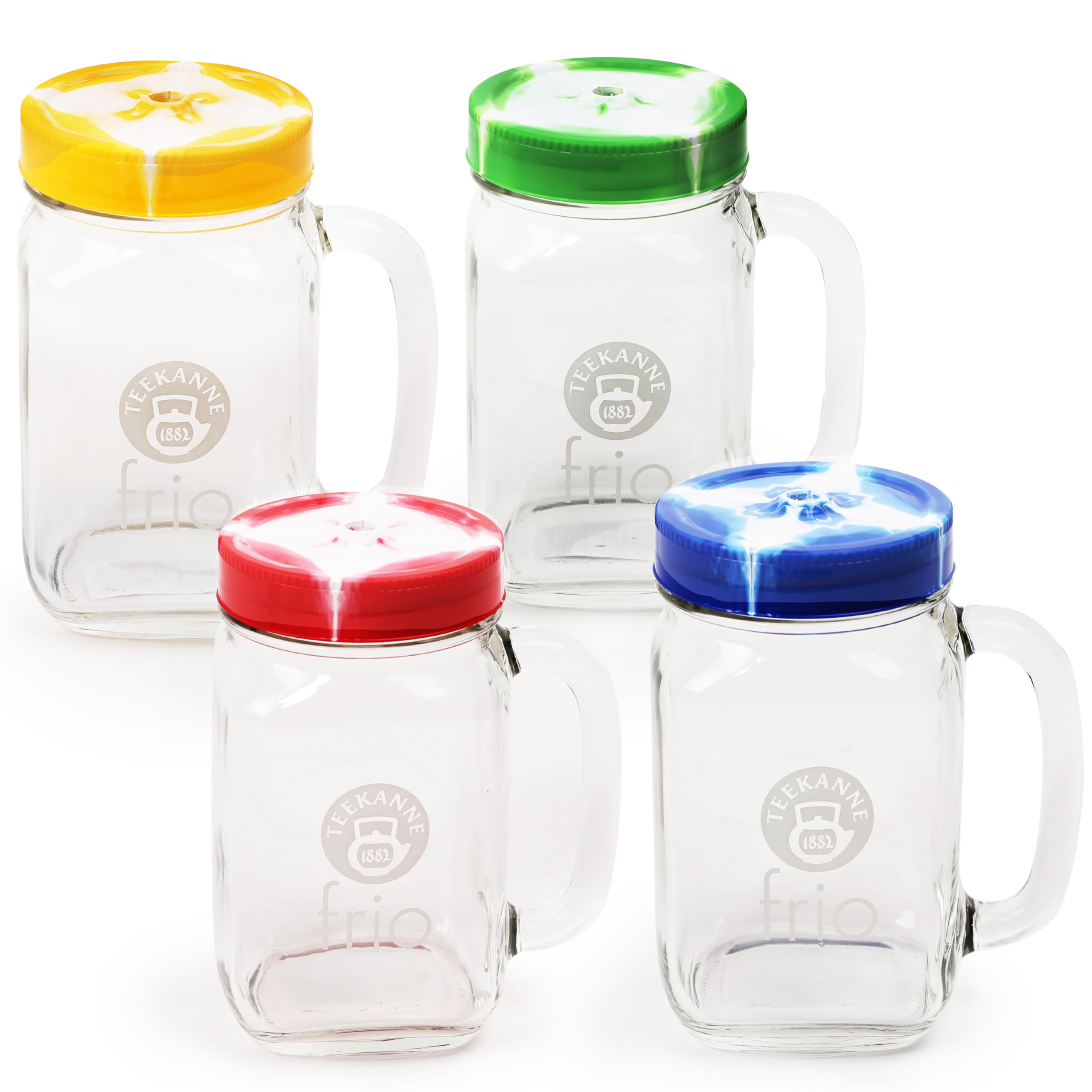 Kaffeehaus Diamant Frio Teapot Set of 4 Glasses Including 4 Batik Straw Lids in Yellow/White, Green/White, Blue/White, Red/White, 0.45 L Each, Without Straw - Perfect for Summer Parties and Outdoor