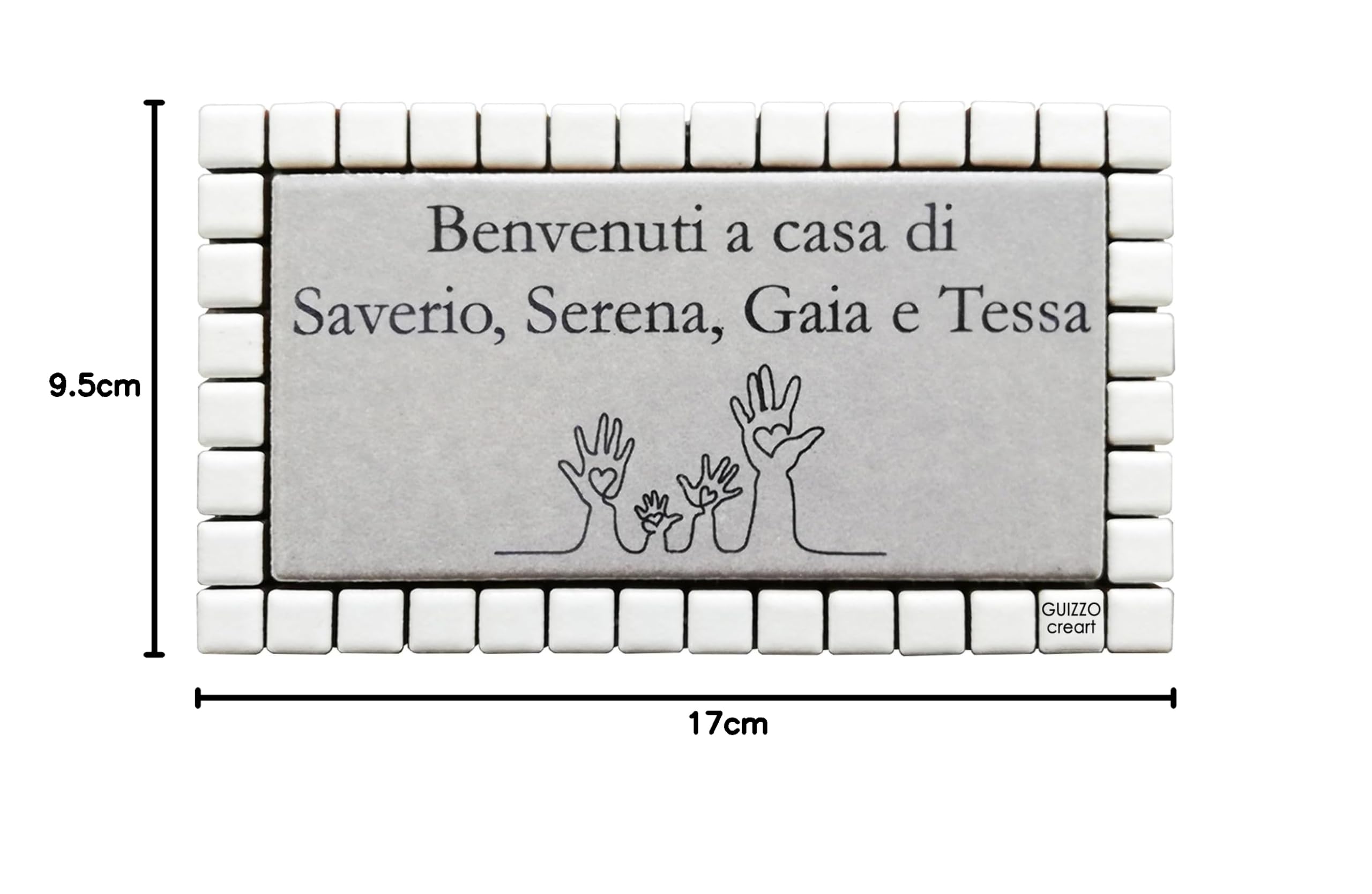 GUIZZO Creart - Targa Personalizzata Nomi/Via in Ceramica, Personalizzata Modificabile Cornice in Mosaico, Targhetta Porta Ingresso Made in Italy, 17x9Hcm Bianco/Grigio Chiaro