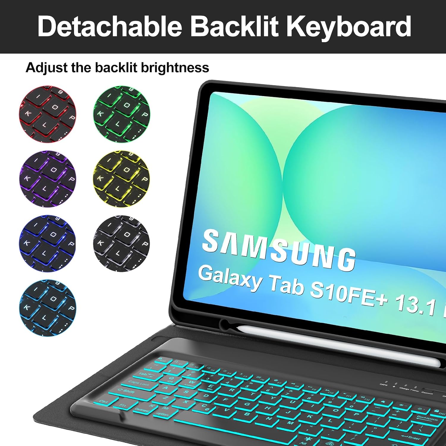 Keyboard Case for Samsung Galaxy Tab S10FE+ 13.1 inch, 7 Colors Backlit Keyboard with Smart Trackpad with S Pen Holder, Magnetic Detachable Wireless Keyboard for S10FE+ (Black)