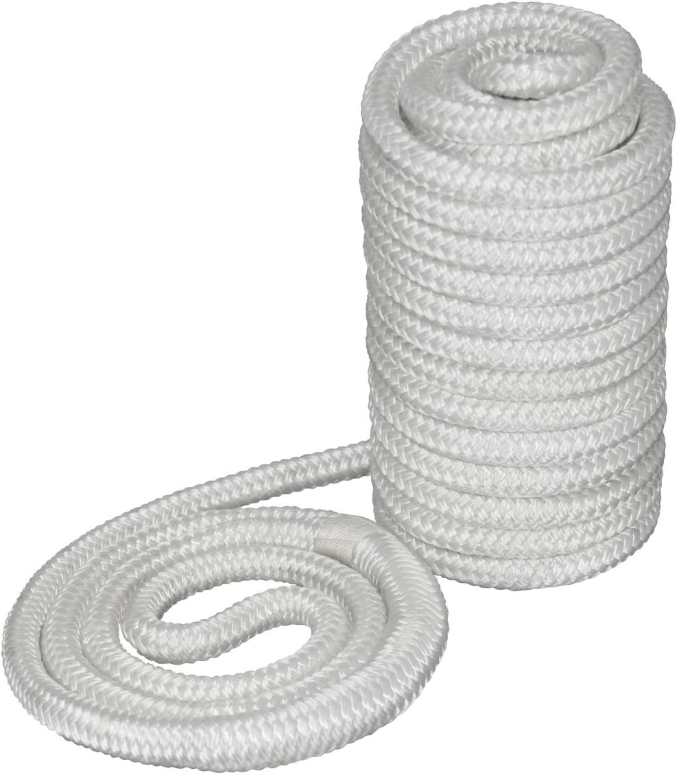 Double-Braided Nylon Dock Line – White – Marine Grade Rope with 12" Spliced Eye, Easy-Handling & High Strength – 1/2" x 15'