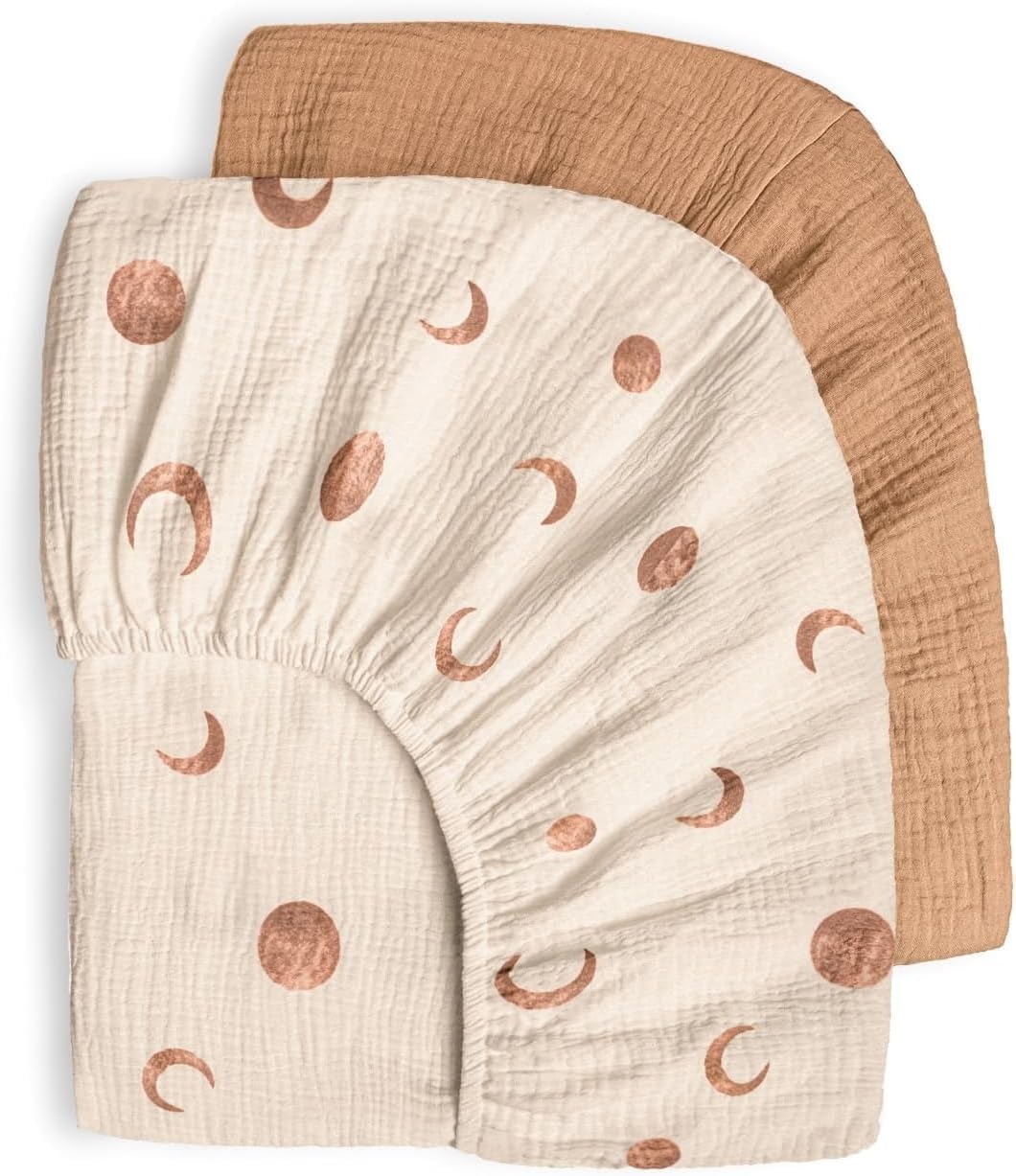 Bearmoss Set of 2 Children's Fitted Sheets, Muslin Bed Sheets, 100% Cotton, Baby Bed Sheet, 60 x 120 cm / 140 x 70 cm, Travel Cot Fitted Sheet, Side Cot, Linen (Brown Moon)