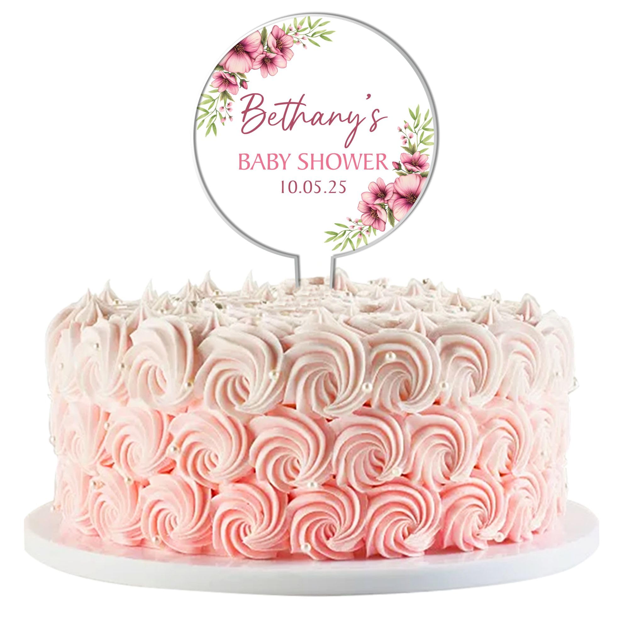 Personalised Baby Shower Cake Topper – Custom Child's Name & Event Date – Floral Acrylic Cake Decoration – Gender Reveal Party Keepsake - 5 Colour Options (Pink)