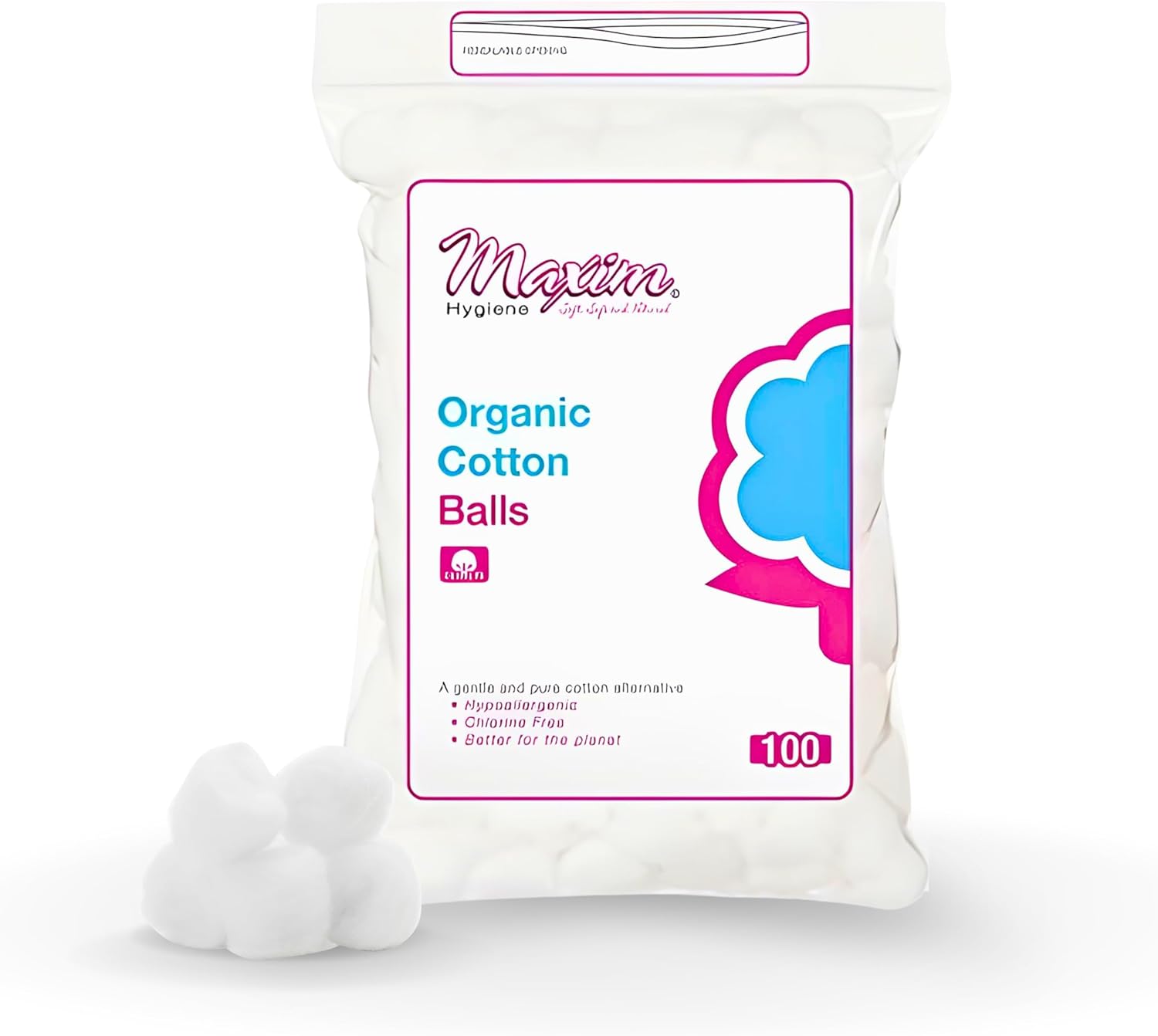 Maxim 100% Organic Cotton Balls, GOTS Certified | Hypoallergenic Cotton Balls for Sensitive Skin, Chlorine-Free Biodegradable Balls for Makeup, Baby Care & First Aid, (3 Pack of 100)