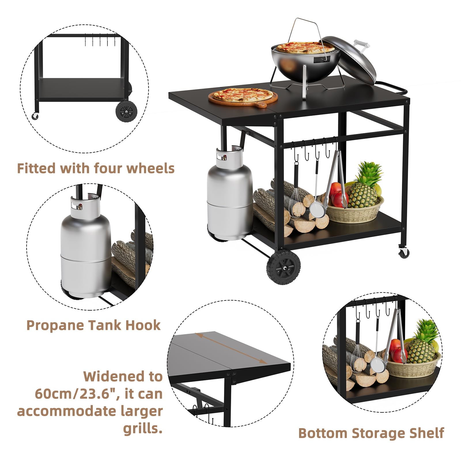 Outdoor Grill Cart Table with Wheels,Double Shelf Outdoor Dining Cart with Foldable Side Table,5 Hooks,Stainless Steel Pizza Oven Trolley BBQ Stand Kitchen Food Prep Worktable,Grill Table