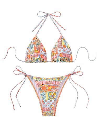 QJQ Women's 2 Piece Bikini Sets Floral Boho Halter Triangle Bathing Suit Tie Side Sexy Cheeky String Swimsuit