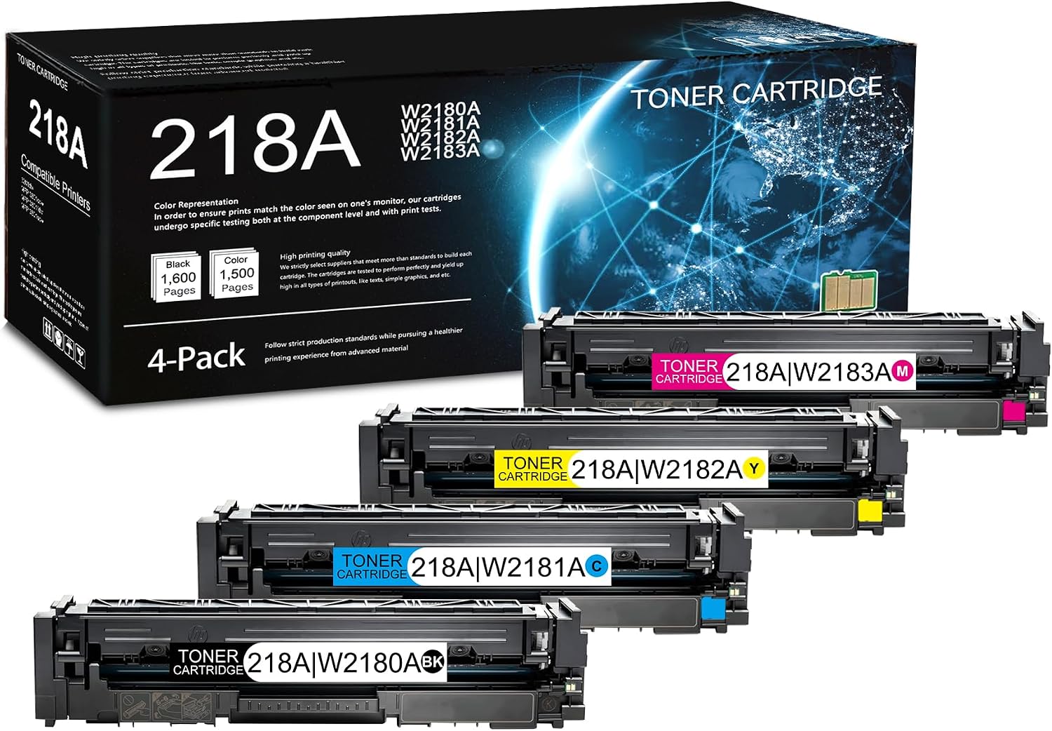 4 Pack 218A BK/C/M/Y Toner Cartridge (with Chip) | Replacement for HP 218A Work with 3201dw MFP 3301cdw MFP 3301fdw MFP 3301sdw | W2180A W2181A W2182A W2183A