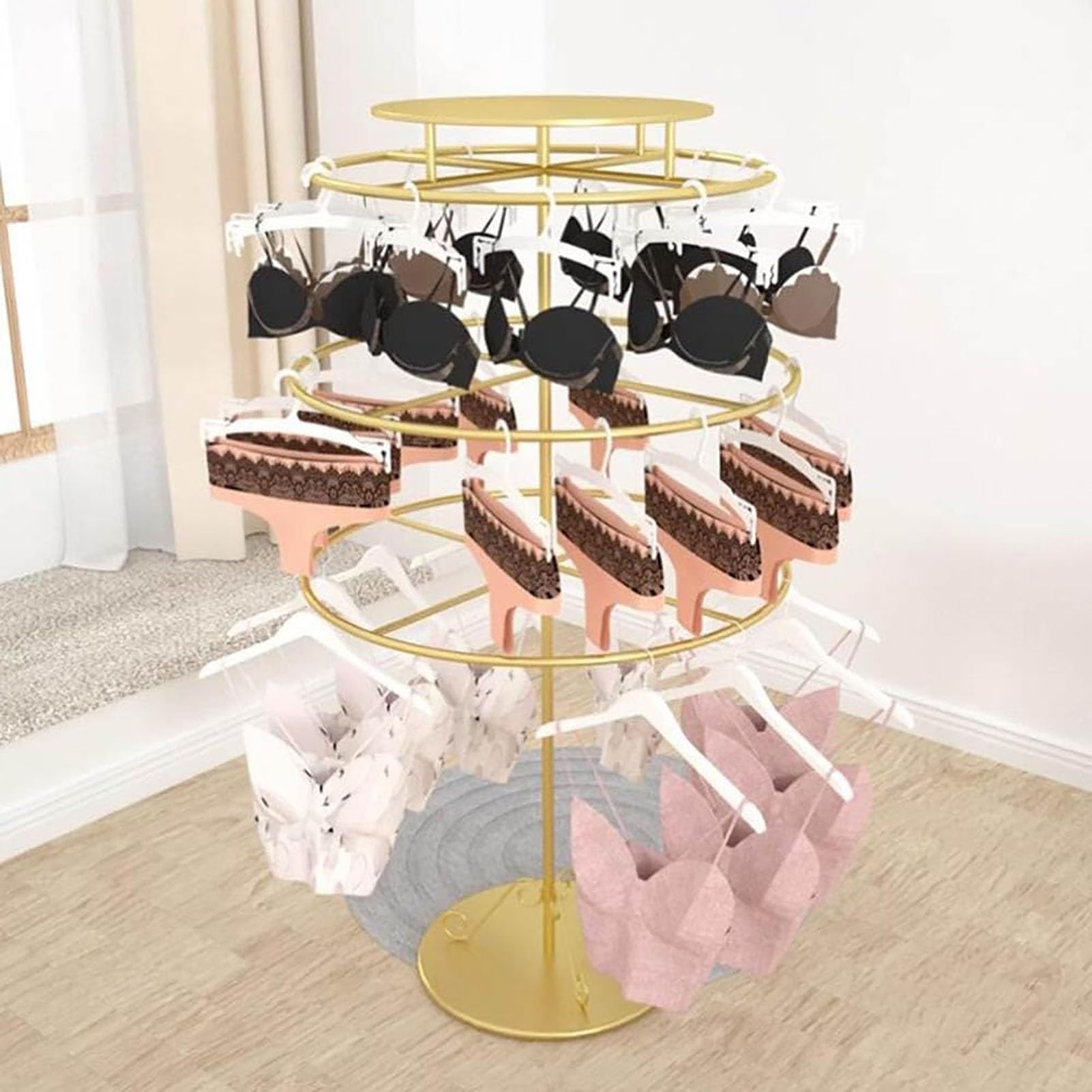 Kleiderständer für Unterwäsche, Goldener, dreistöckiger runder Kleiderständer - drehbarer Boutique-Präsentationsständer für BHS und Unterwäsche, freistehendes Ablagefach für Slips