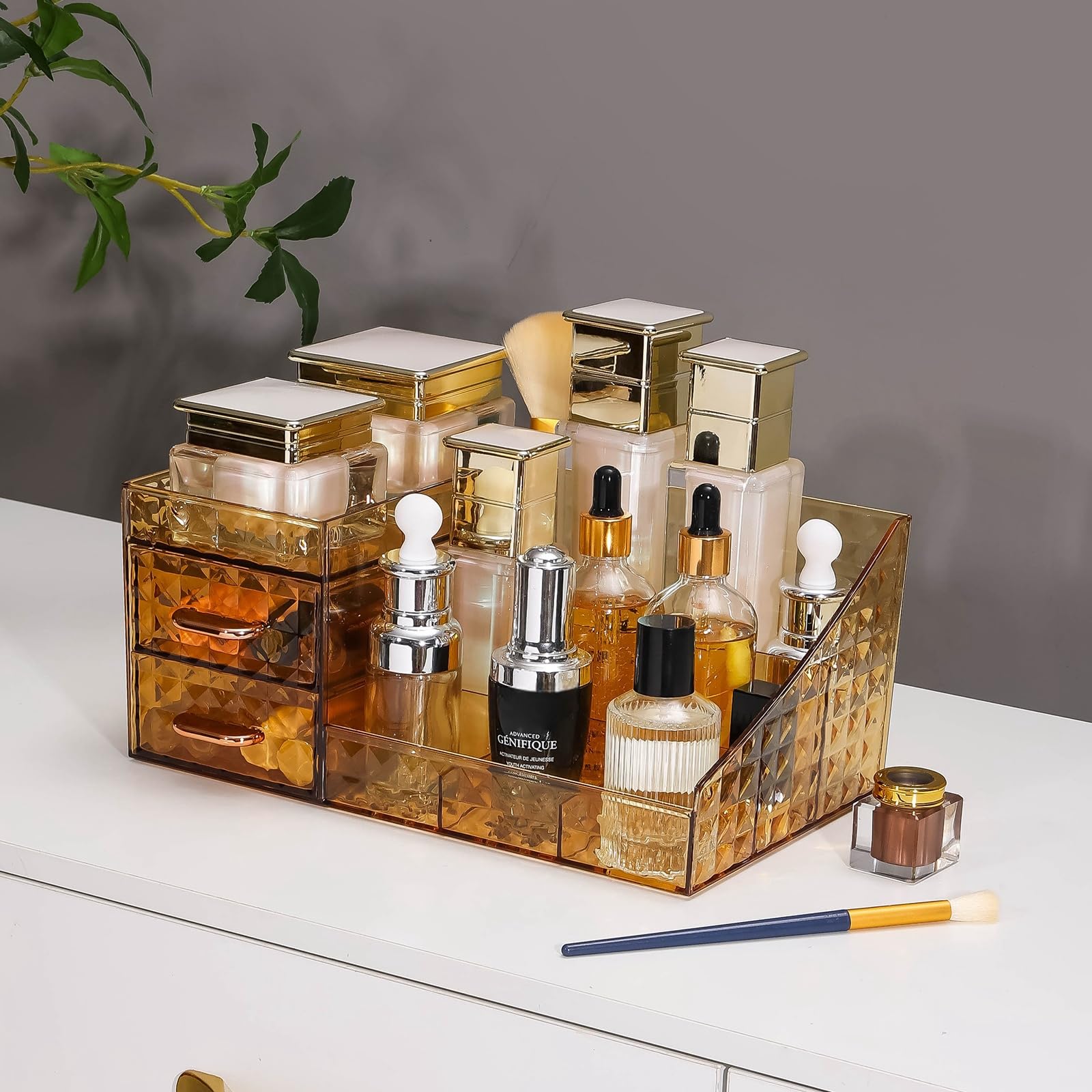 Clear Makeup Organizer for Vanity,Desk Makeup Caddy With Drawers for Cosmetics,Lipsticks Nail Care Skincare Jewelry Countertop Organizers,Cosmetic Display Cases for Bathroom, Dresser (Amber)