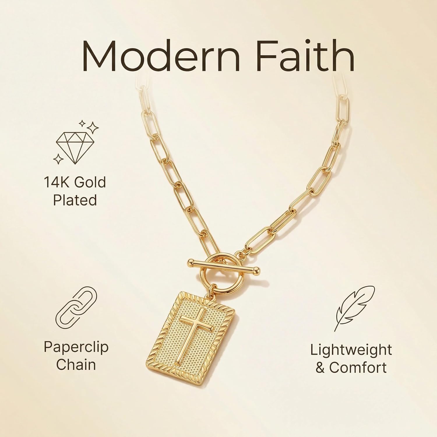 Dainty Gold Cross Necklace for Women,14K Plated Paperclip Chain Christian Pendant for Everyday Wear and Baptism - Image 2
