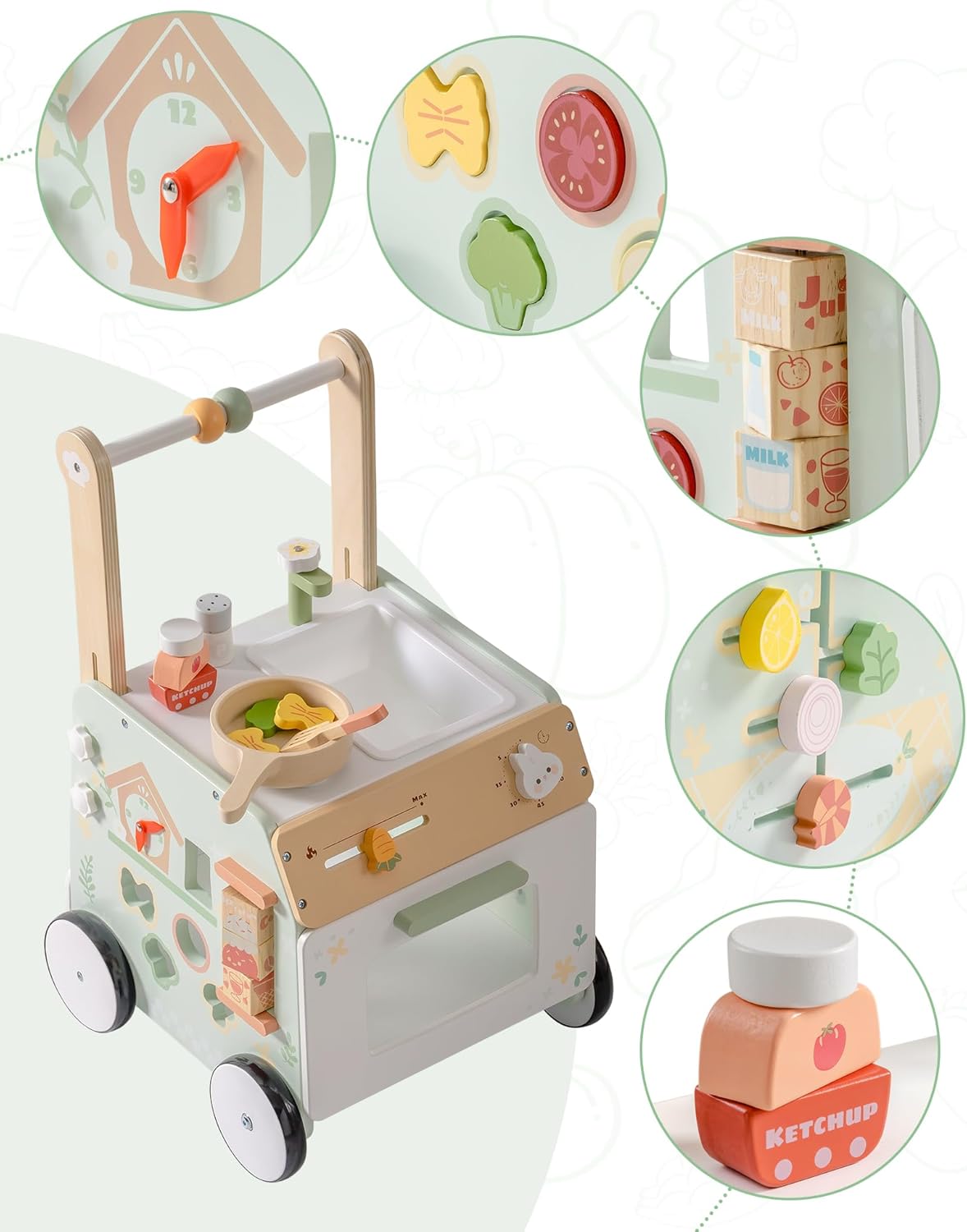 ROBUD Wooden Baby Push Walker, Learning Walking Toys, Adjustable Height Baby Walker with Decelerator, Montessori Toys for Babyaged 12 Months+, WRP24