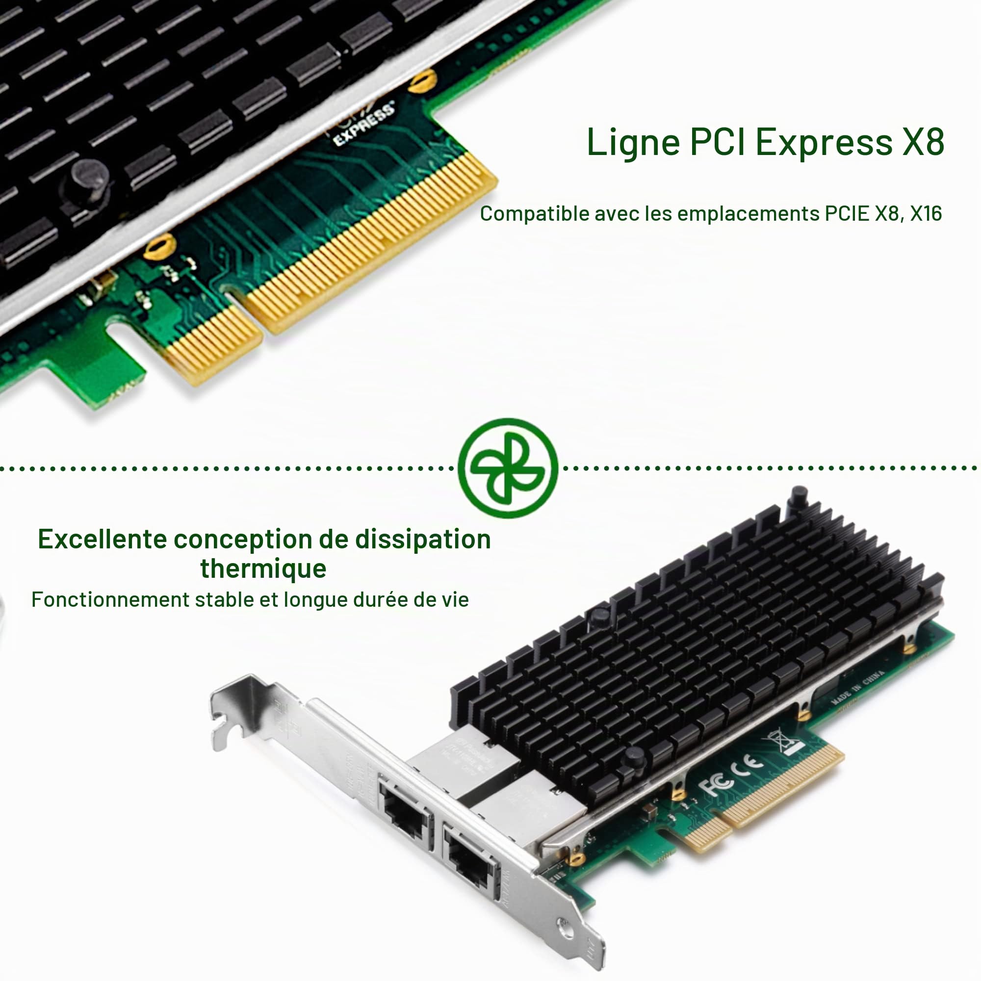 Carte réseau 10Gb PCIe pour Intel X540-T2, Carte LAN 10G avec contrôleur Intel X540, 2 Ports RJ45, Adaptateur Ethernet PCI Express x8, Compatible avec Windows/Windows Server/Linux/Freebsd.