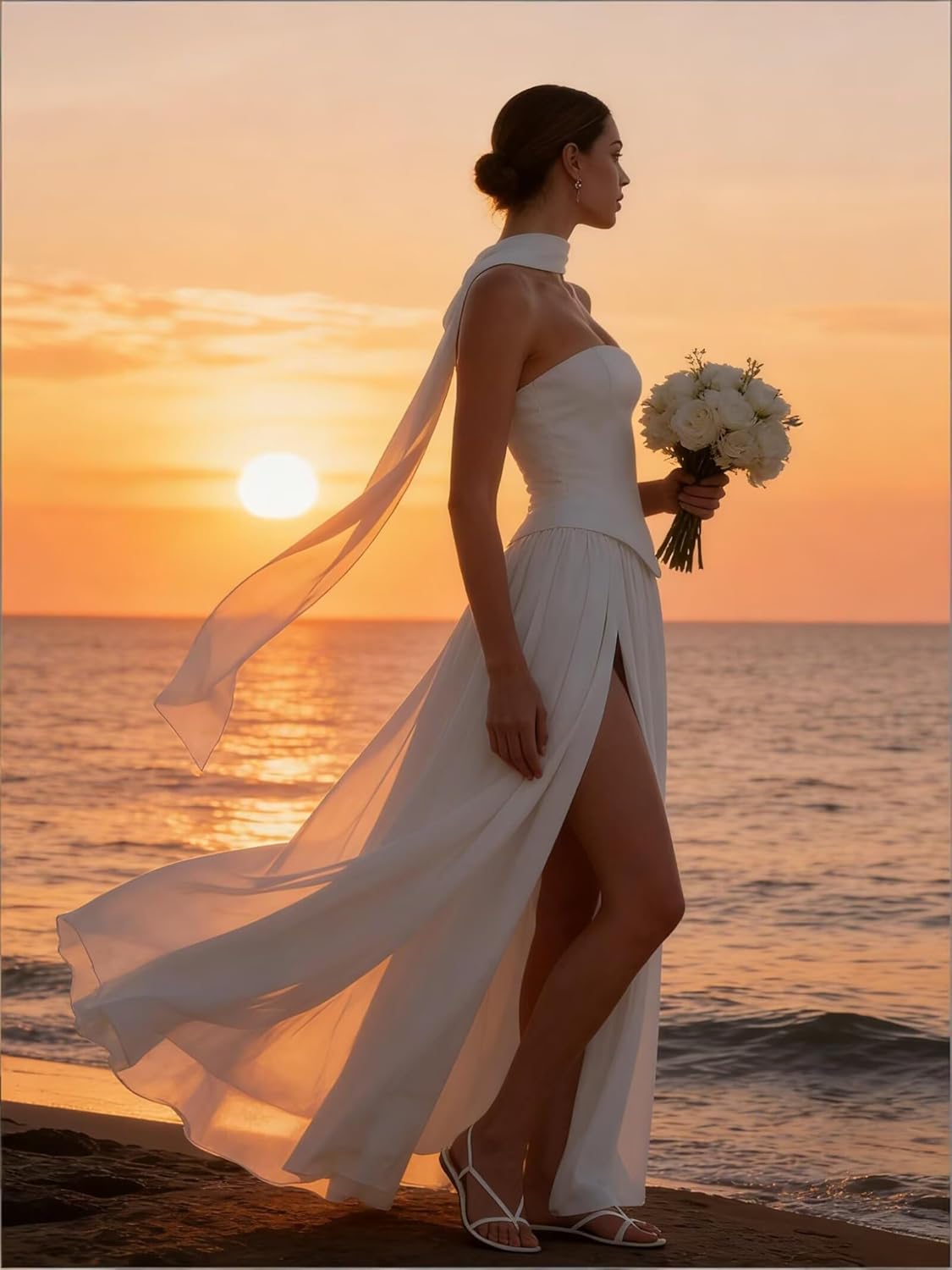 Elegant Strapless Formal Evening Gowns with Scraf Chiffon Pleated A-Line Long Slit Bridesmaid Dresses for Women - Image 6