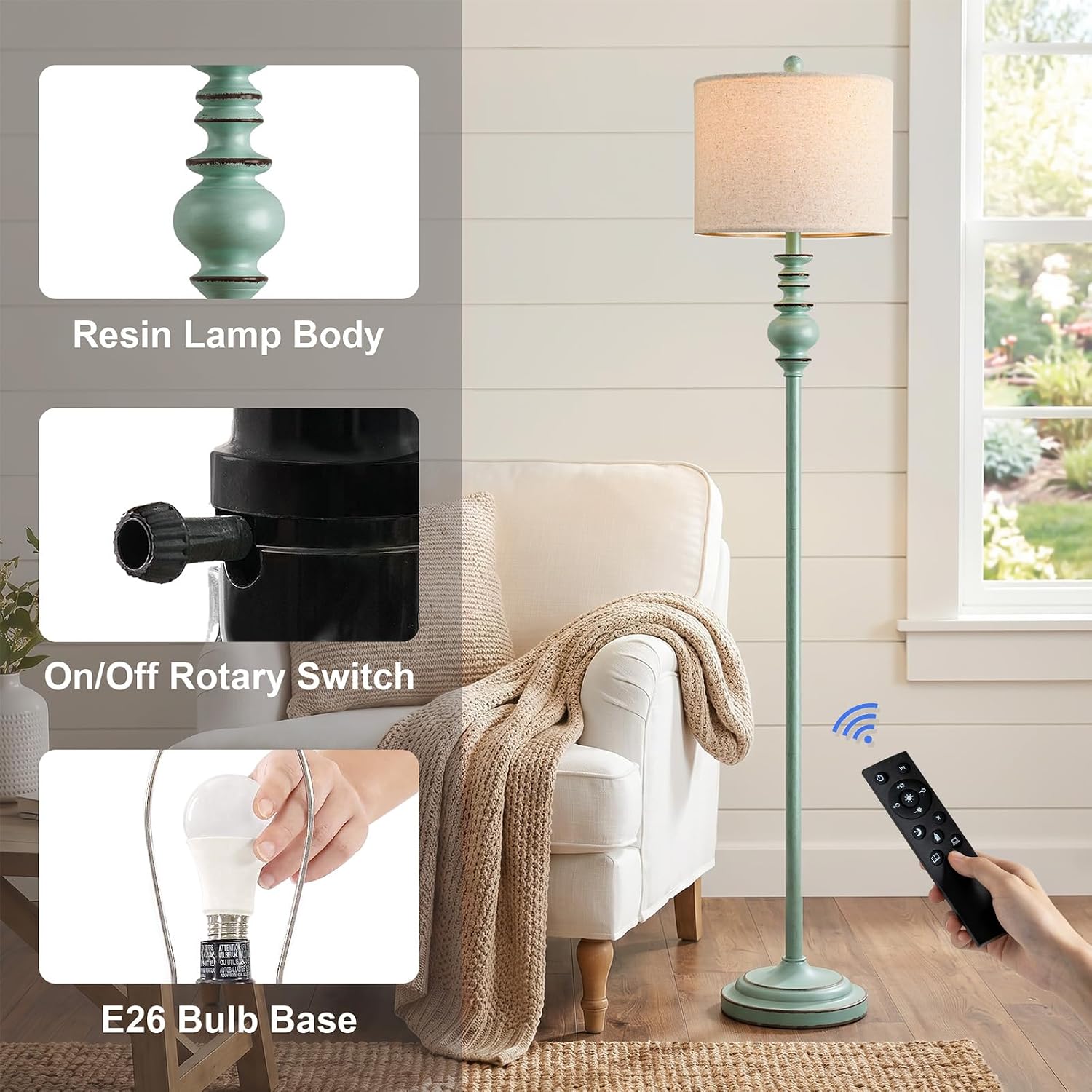  64.25" Farmhouse Floor Lamp with Remote, Dimmable Floor Lamp with Adjustable Color Temperatures, Antique Blue Standing Floor Lamp for Living Room Corner, Bedroom & Nursery, 9W Bulb Included thumbnail