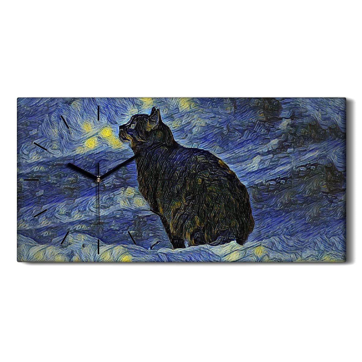 Horloge sur toile 60x30cm chat et étoiles decoration murale de salon