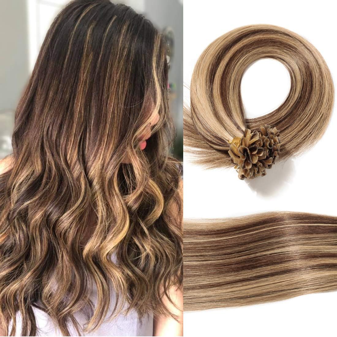 S-noilite U Tip Human Hair Extensions Pre Bonded Nail Tipped U Tip Fusion Human Hair Piece Italian Keratin Balayage Silky Straight 100 Strands 16 Inch-50g (#4/27 Medium Brown/Dark Blonde)