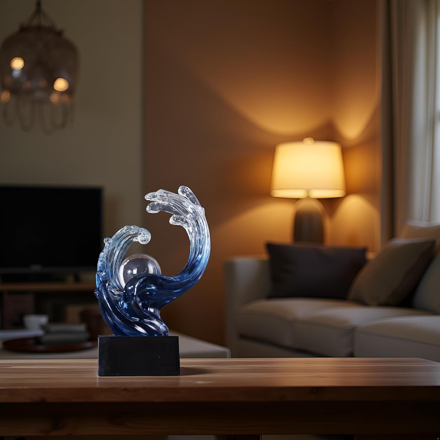 Modern Abstract Decorative Wave Statue, Gold Abstract Art Home Decor,Crystal Ball Art Wave Resin Sculpture, Office Desk Stand, Dining Table Center Decorative Aesthetics (Blue) - Image 7