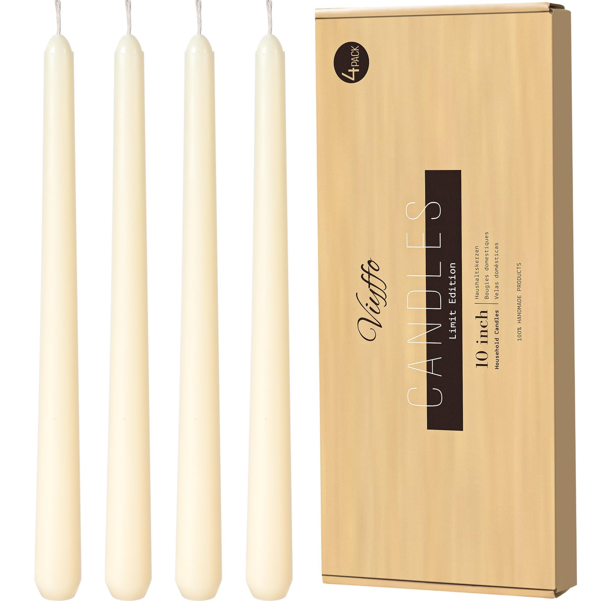 Viyffo Taper Candles, 10 Inch, 4 Pack, Ivory – Unscented, Dripless & Smokeless Design, Up to 8-Hour Burn – Tall Candlesticks for Wedding, Dinner & Home Decor