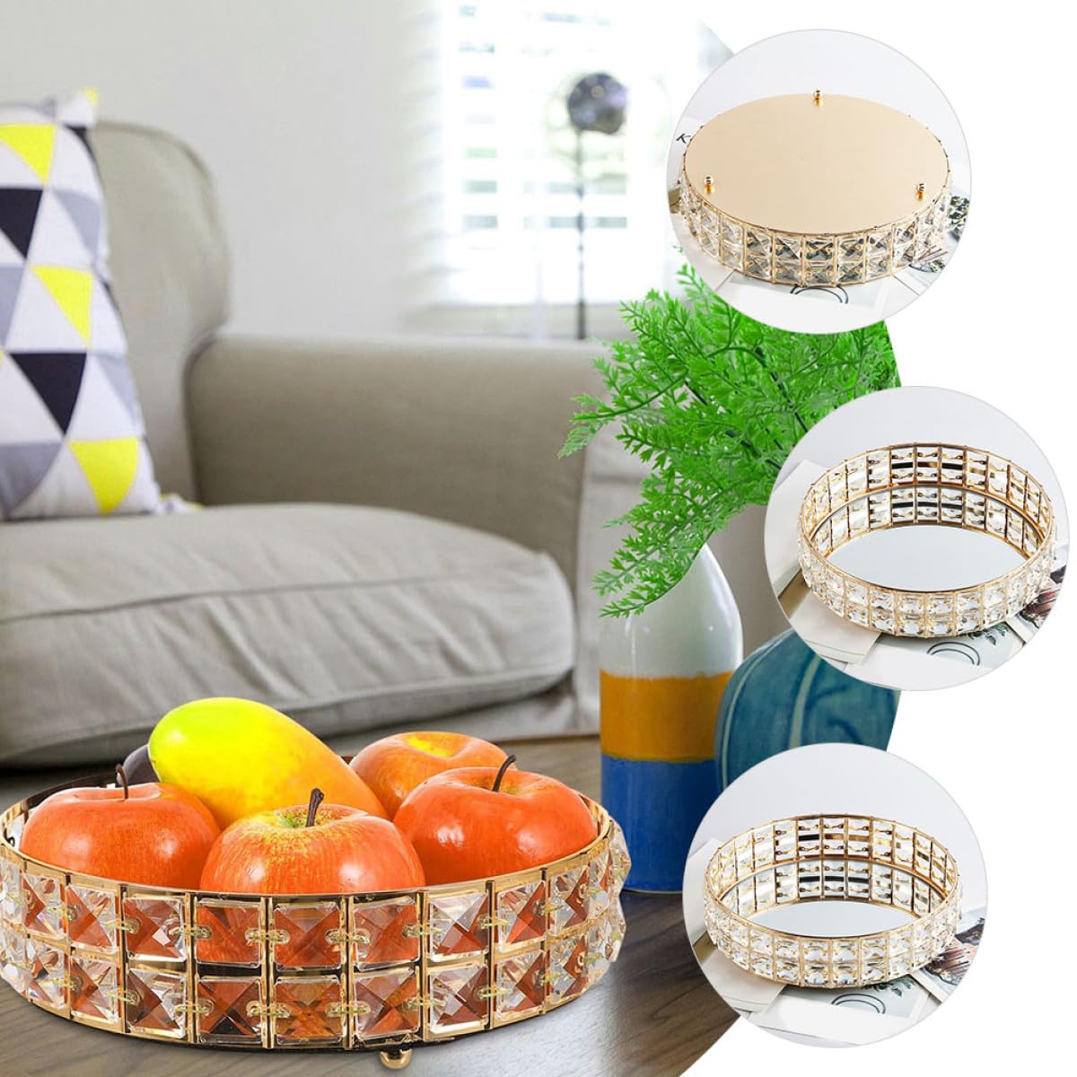 IMIKEYA Bandeja Redonda Dorada para Joyas y Cosméticos Superficie de Espejo y Diseño de Hierro, Organizador Moderno para Decoración del Hogar