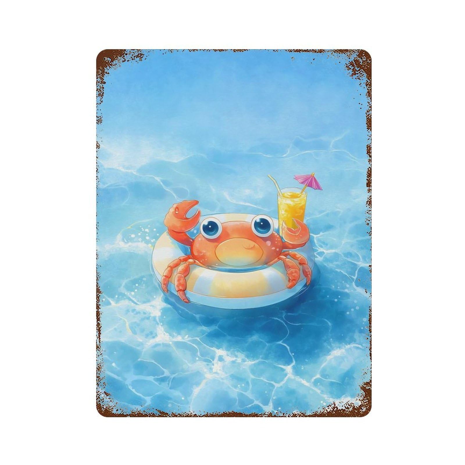 Crab on Float with Drink Distressed Metal Wall Sign 15.7"x11.8", for Farmhouse, Kitchen And Entryway Decor, Rustic Home Decor