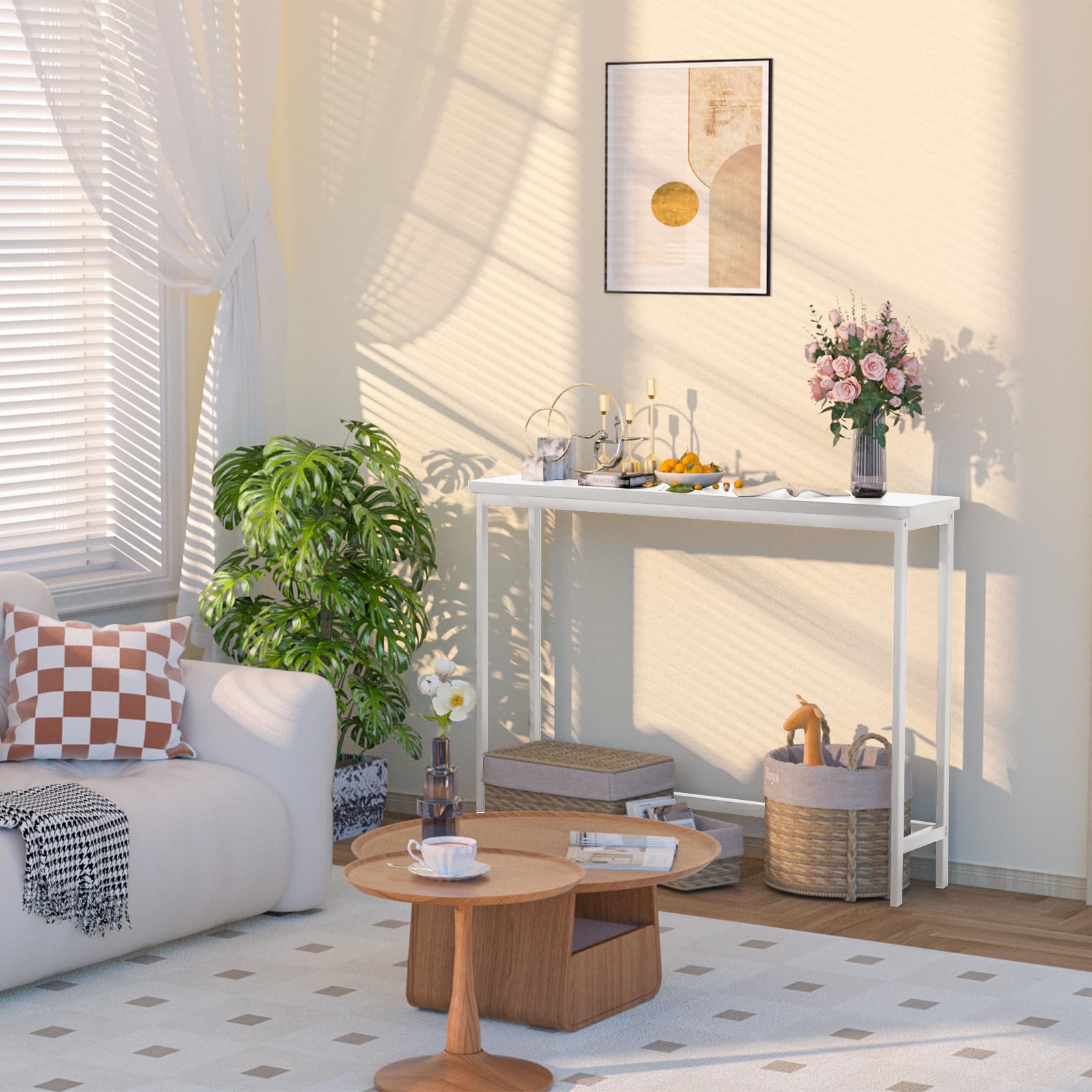 VASMIA Konsolentisch Schmal, 100 cm Bambus Beistelltisch, Flurtisch, Kleiner Ausstellungstisch, Sofatisch für kleinen Raum, für Eingang, Flur, Foyer, Wohnzimmer, weiß