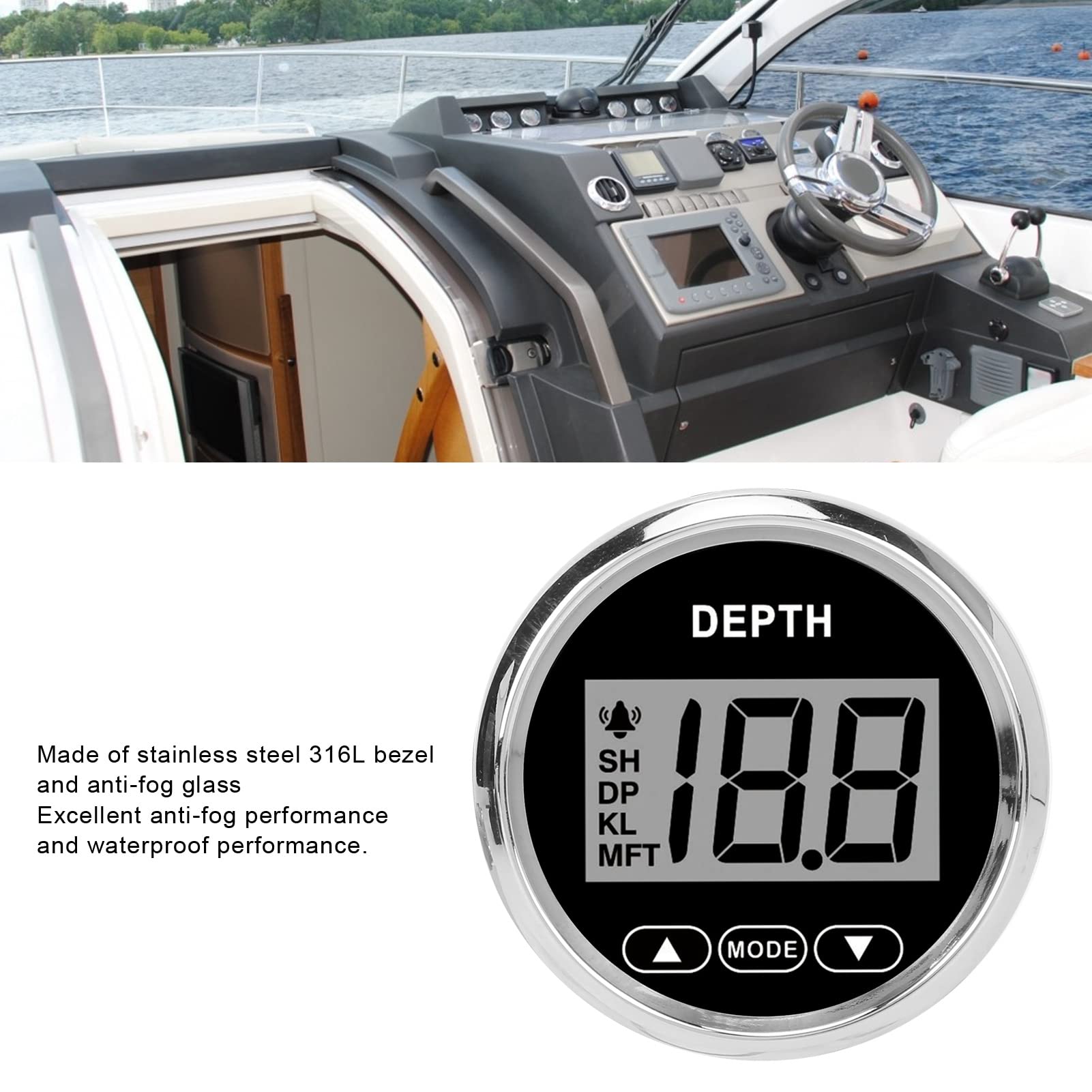 Digitales Boot Tiefenmesser Depth Gauge 52mm 2 Zoll Marine Tiefenmesser Wasserdicht Dash Depth Finder Transducer mit Weißer Hintergrundbeleuchtung für Angeln