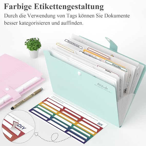 Document Folder A4 Expanding Folder A4 12 Pockets Folder with Labels Folders Organizer System A4 Expandable Folder with Press Stud for Home Office School (Light Green)