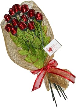 One Dozen Valentines Red Chocolate Roses Bouquet Gift of Long Stem 19-inch with Personalized Card