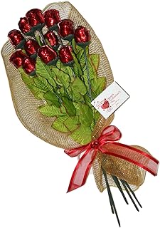One Dozen Valentine's Red Chocolate Roses Bouquet Gift of Long Stem 19-inch with Personalized Card