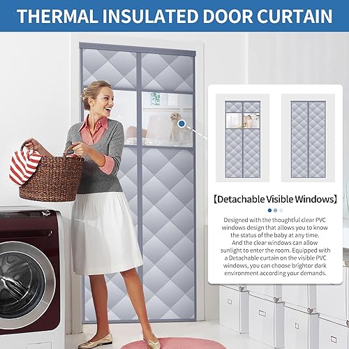 Miniatura 2 de Cortina de puerta magnética con aislamiento térmico con ventanas visibles desmontables, relleno de fibra de poliéster grueso y tela Oxford duradera,