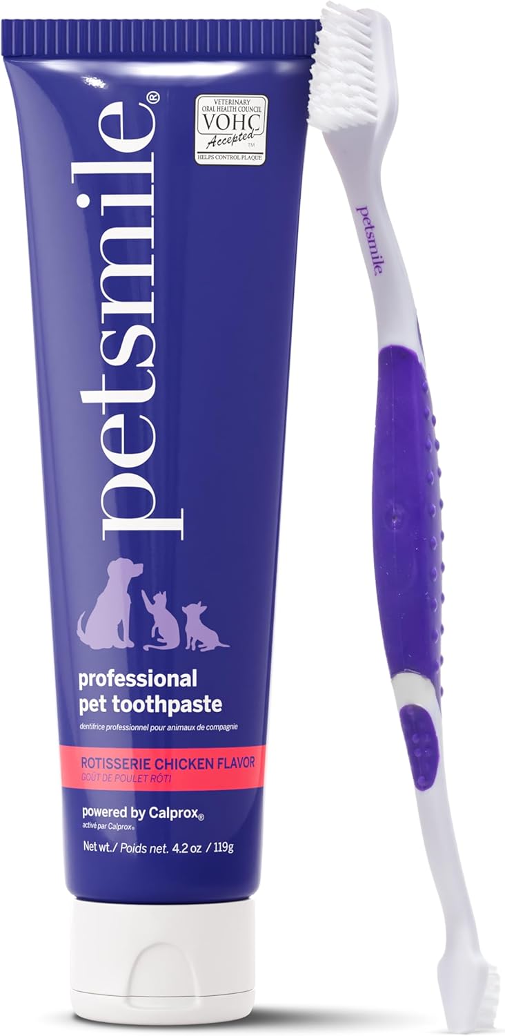 Petsmile Professional Pet Teeth Brushing Kit for Cats & Dogs – Only VOHC Accepted Toothpaste & Patented Toothbrush – Proven to Control Plaque & Tartar Calprox Formula (Rotisserie Chicken, 4.2 Oz)