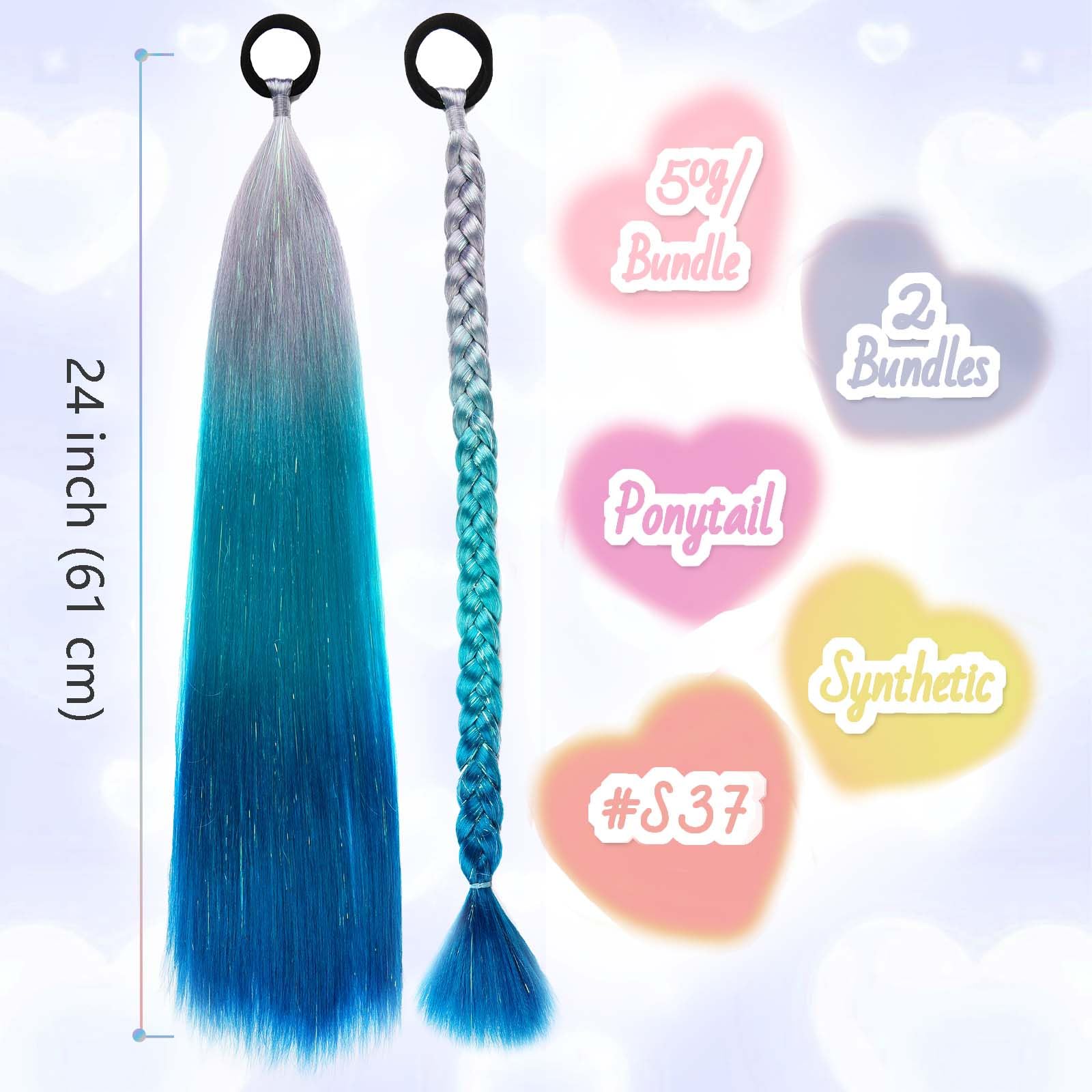 Rainbow Ponytail Extensions with Hair Tie 2 Packs 50g/Pack Coloured Hair Extensions for Braiding 26 inch Colourful Ombre Mermaid Pony Tail Synthetic Hair Extensions for Girl Women #S37 - Image 3