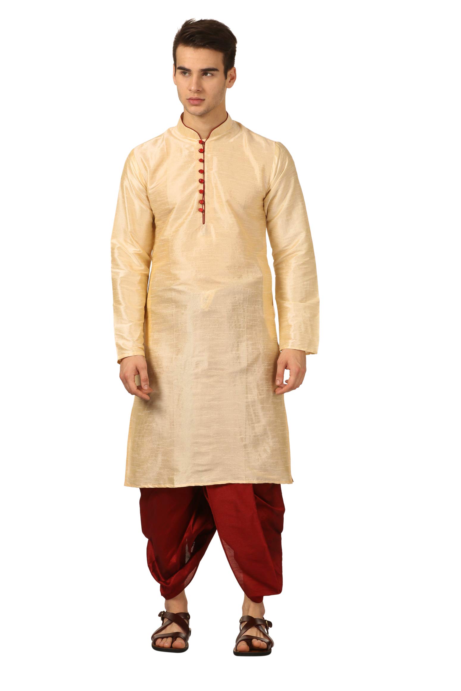 royal kurta Men's Regular Fit Silk Blend Dhoti Kurta Set (Gold)-picture-24