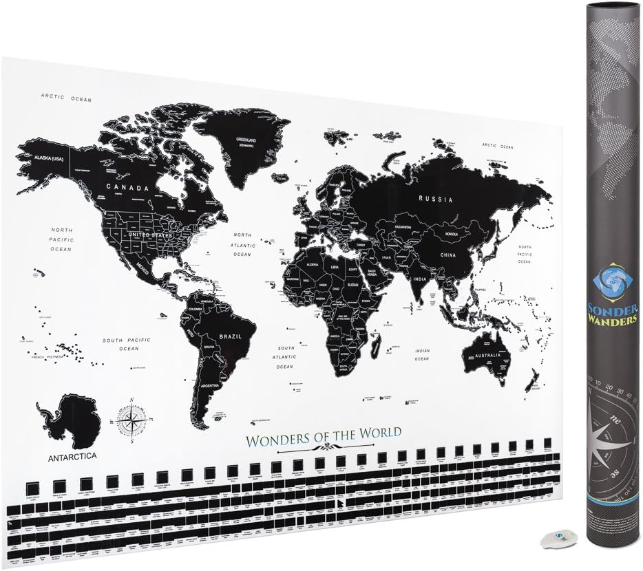 World Scratch Off Map | 24"x16" Travel Size | Smaller Premium Quality Stunning Black and White Minimalist Global Map With Vibrant Under-colors and Hidden Wonders of the World! Great for Home Schooling