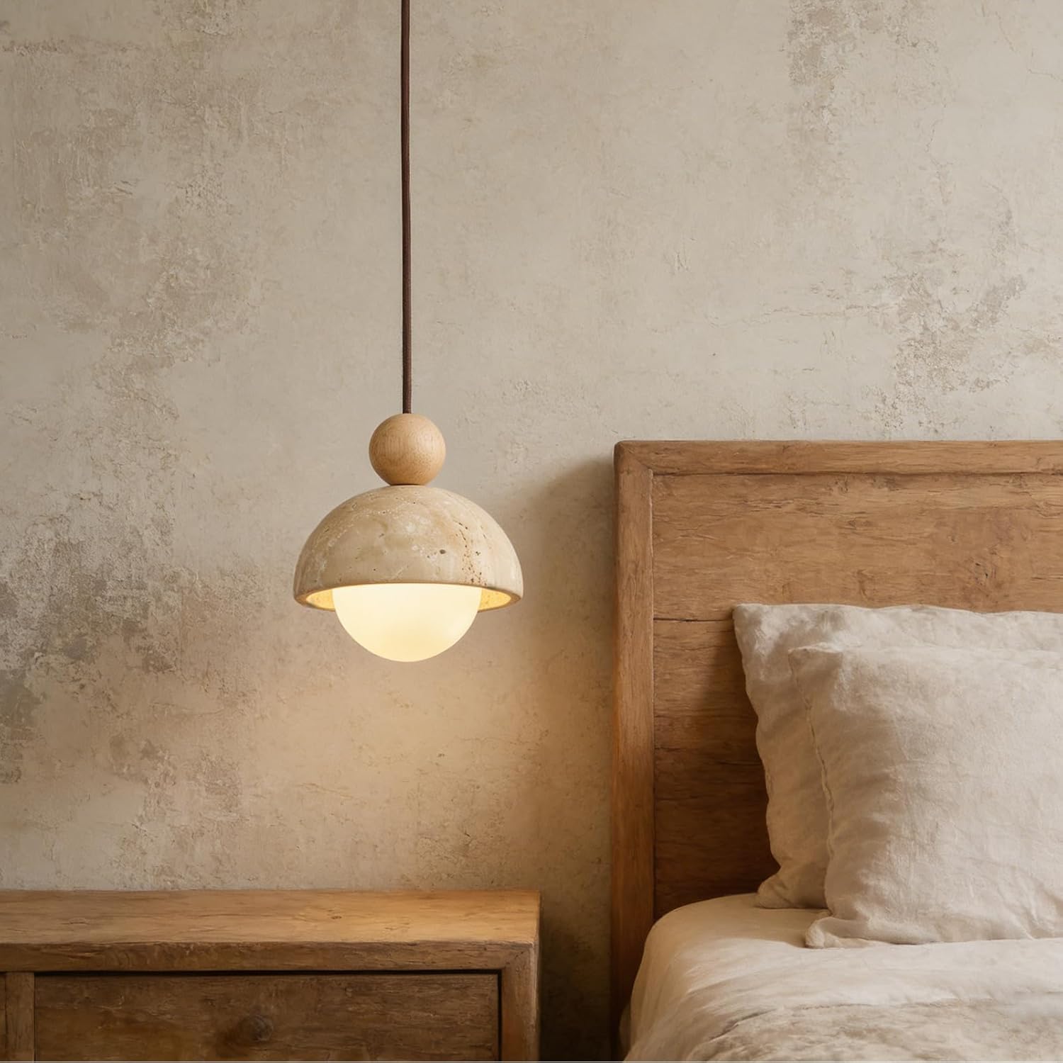 Wabi Sabi Pendant Light, Yellow Travertine Pendant Light Fixture, Natural Stone & Wood Hanging Lamp for Kitchen Island, Hallway, Bedroom Bedside, Dining Room (7.1inch stone-1pcs)