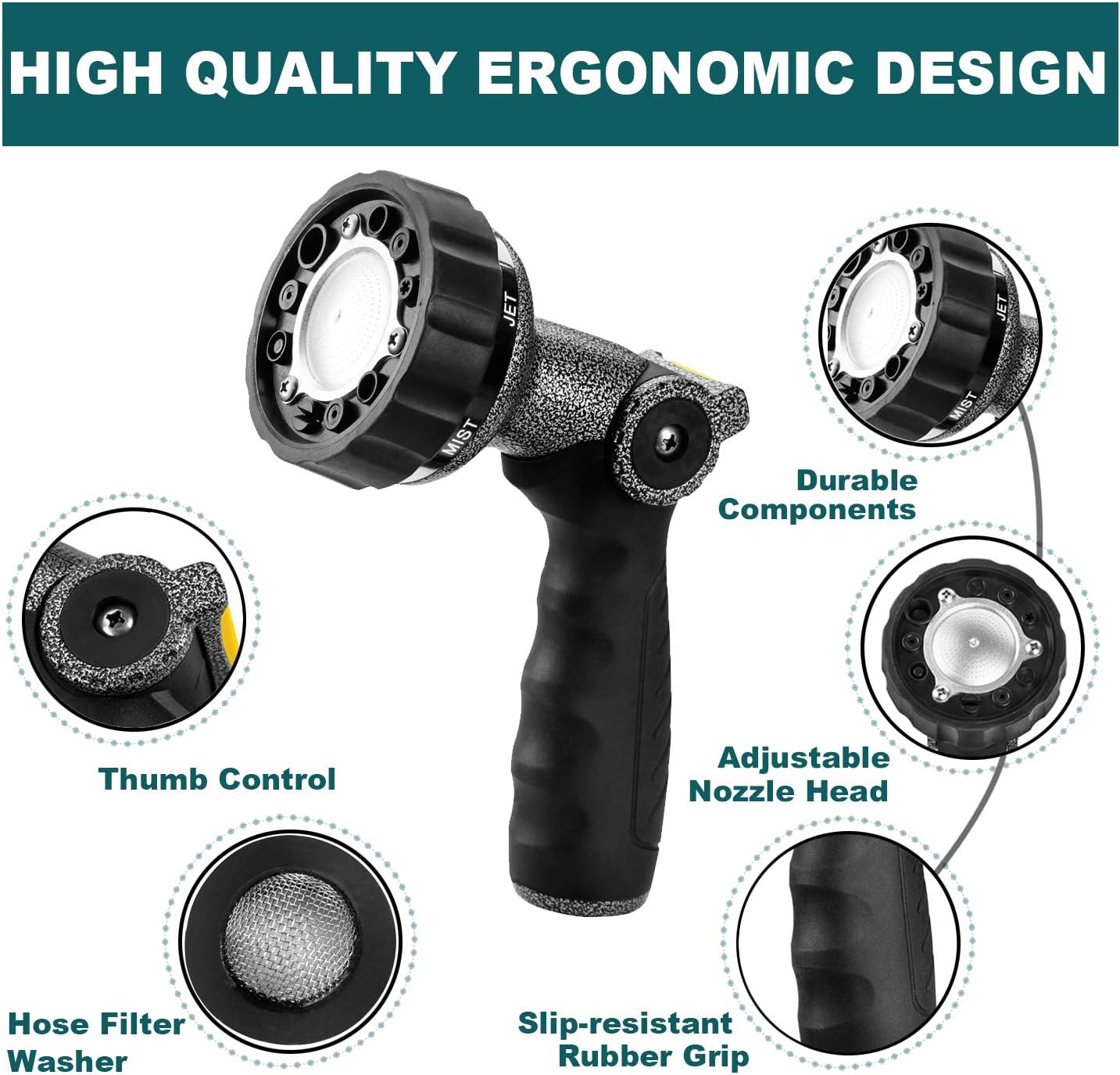 GREEN MOUNT Garden Hose Nozzle, Water Hose Spray Nozzle with Thumb Control On Off Valve for Easy Water Flow Control,Black-grey : Everything Else
