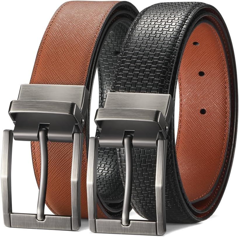 Men's Reversible Leather Belt for Dress Casual Jeans with Rotating Buckle - One Strap Reverse for 2 Sides